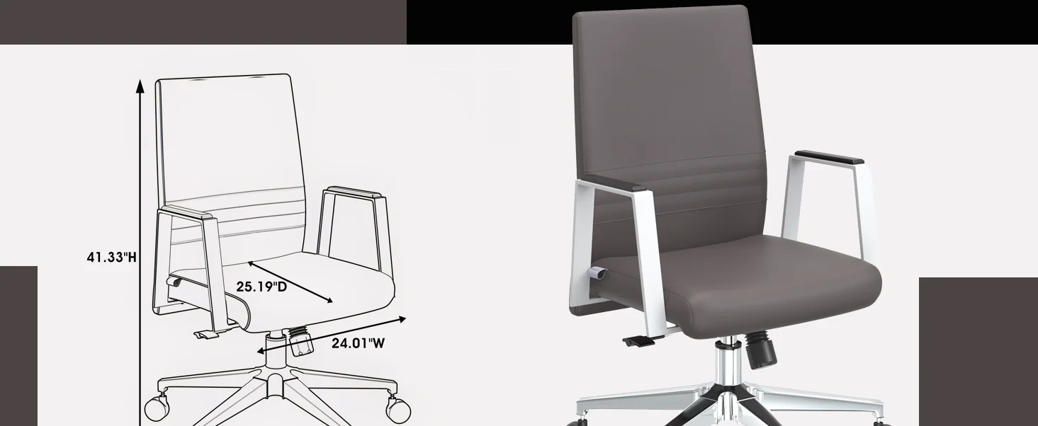 Aleen Office Chair in Upholstered Leather and Iron Frame with Swivel and Tilt in Grey