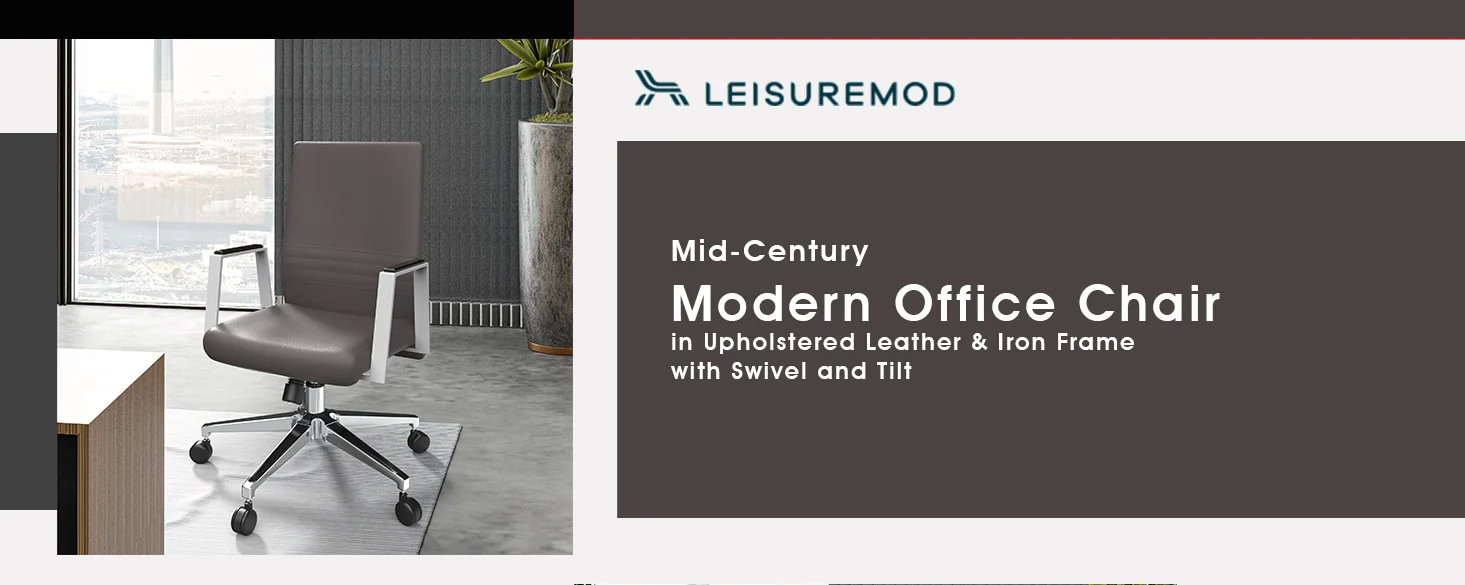 Aleen Office Chair in Upholstered Leather and Iron Frame with Swivel and Tilt in Grey