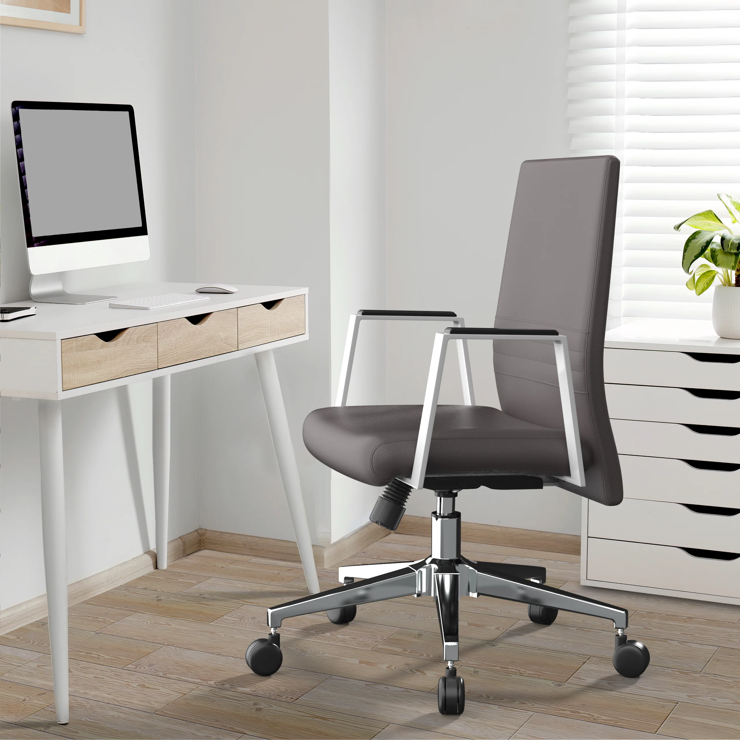 Aleen Office Chair in Upholstered Leather and Iron Frame with Swivel and Tilt in Grey