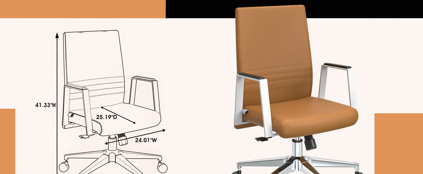 Aleen Office Chair in Upholstered Leather and Iron Frame with Swivel and Tilt in Acorn Brown