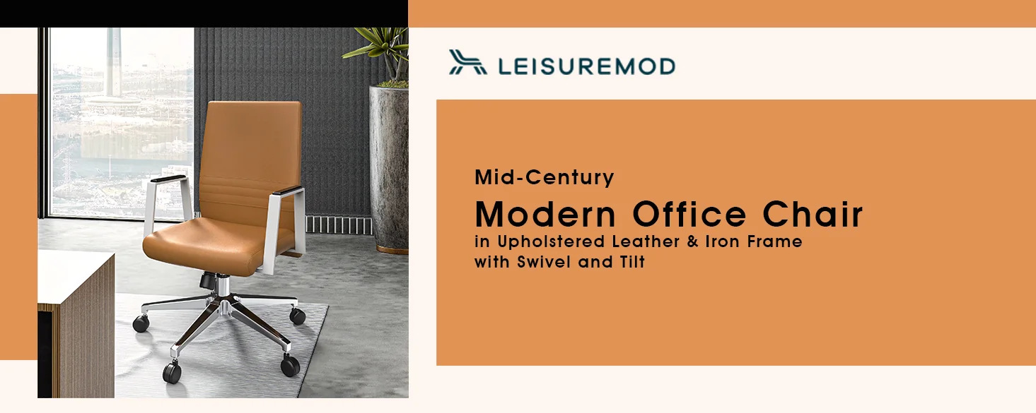 Aleen Office Chair in Upholstered Leather and Iron Frame with Swivel and Tilt in Acorn Brown