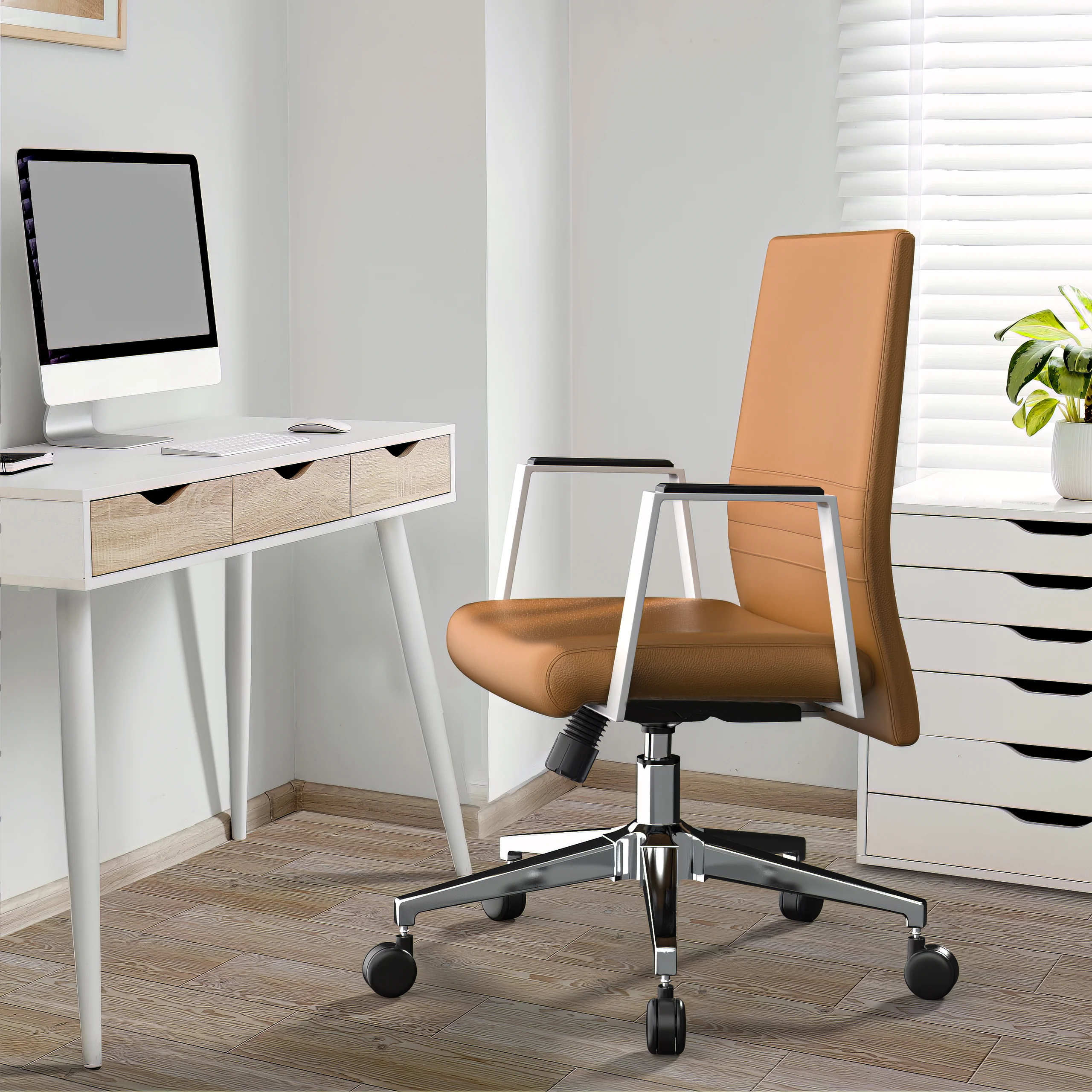 Aleen Office Chair in Upholstered Leather and Iron Frame with Swivel and Tilt in Acorn Brown