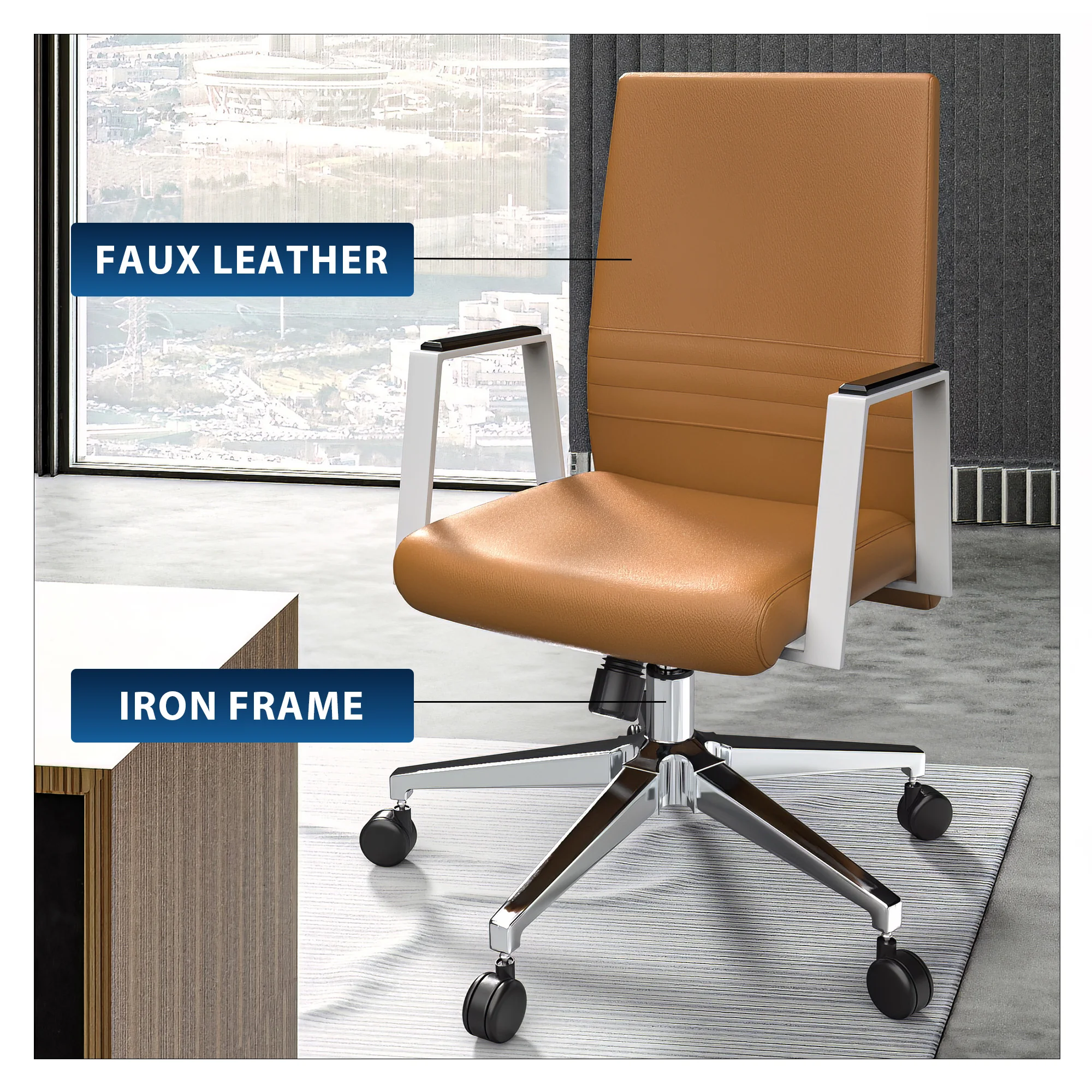 Aleen Office Chair in Upholstered Leather and Iron Frame with Swivel and Tilt in Acorn Brown