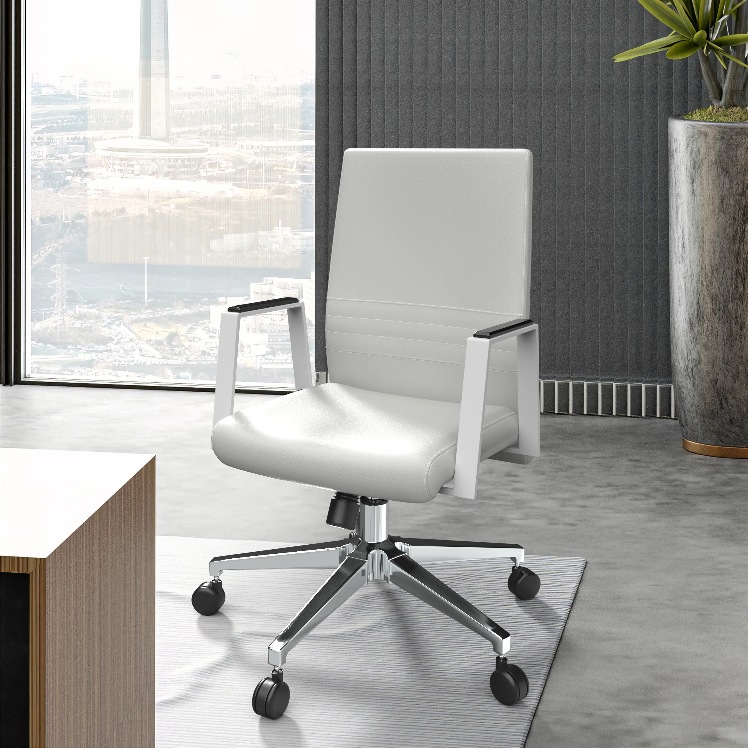 Aleen Office Chair in Upholstered Leather and Iron Frame with Swivel and Tilt in White