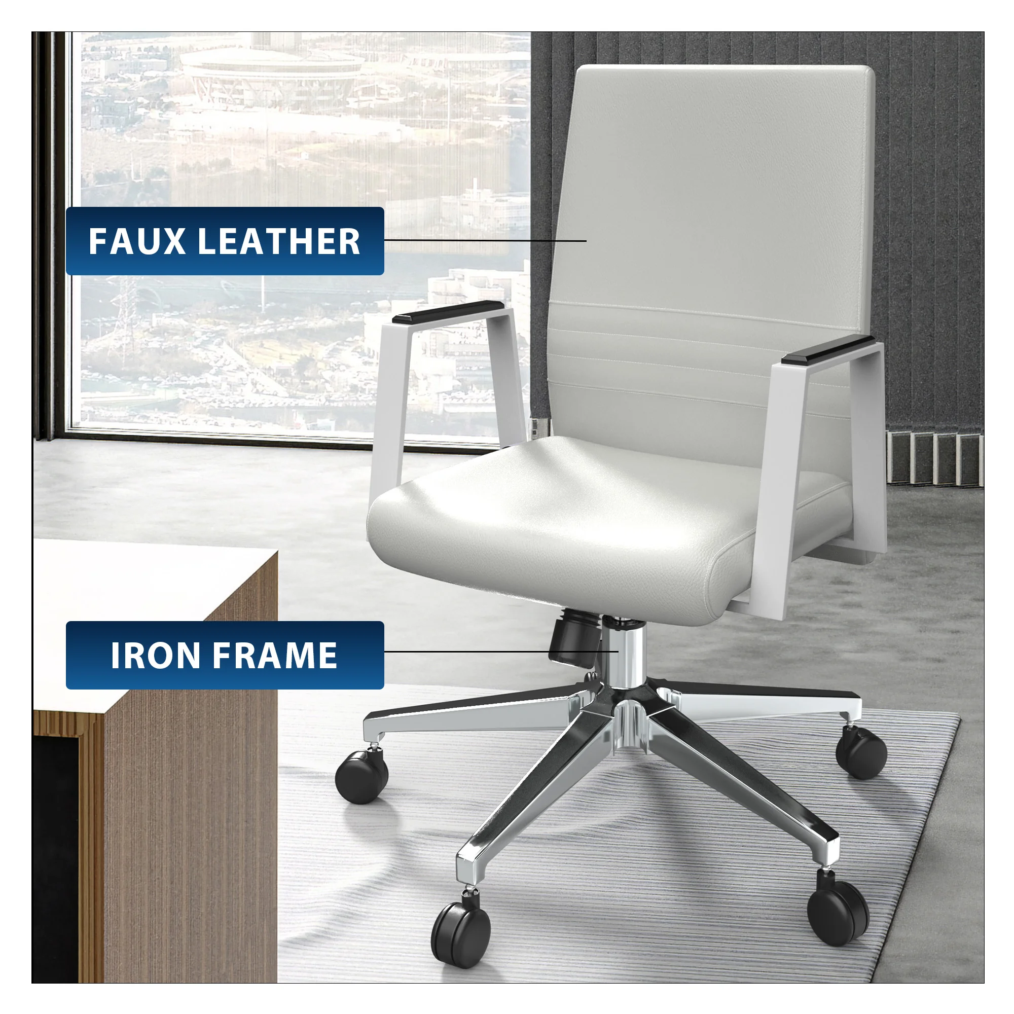 Aleen Office Chair in Upholstered Leather and Iron Frame with Swivel and Tilt in White