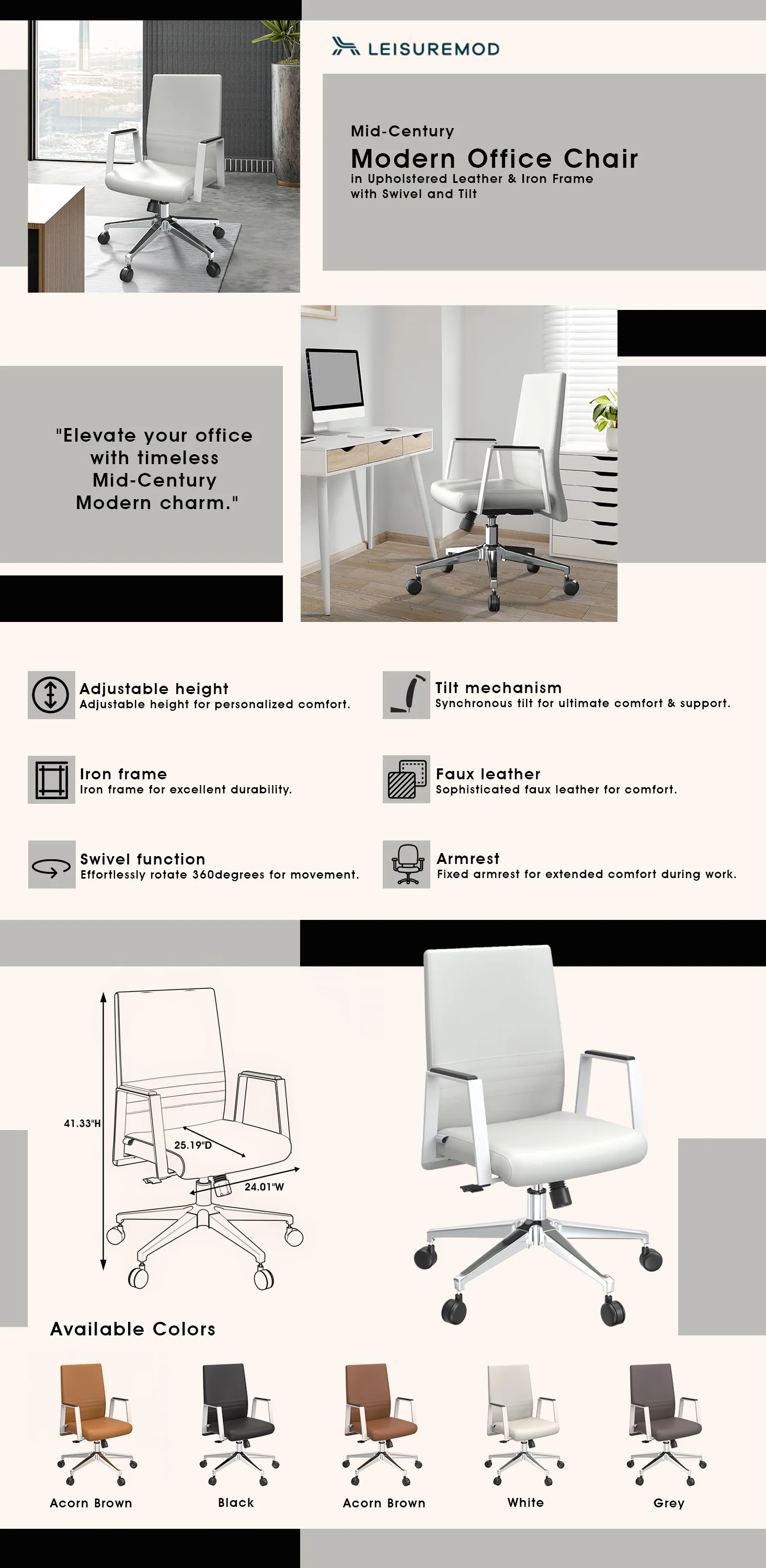 Aleen Office Chair in Upholstered Leather and Iron Frame with Swivel and Tilt in White