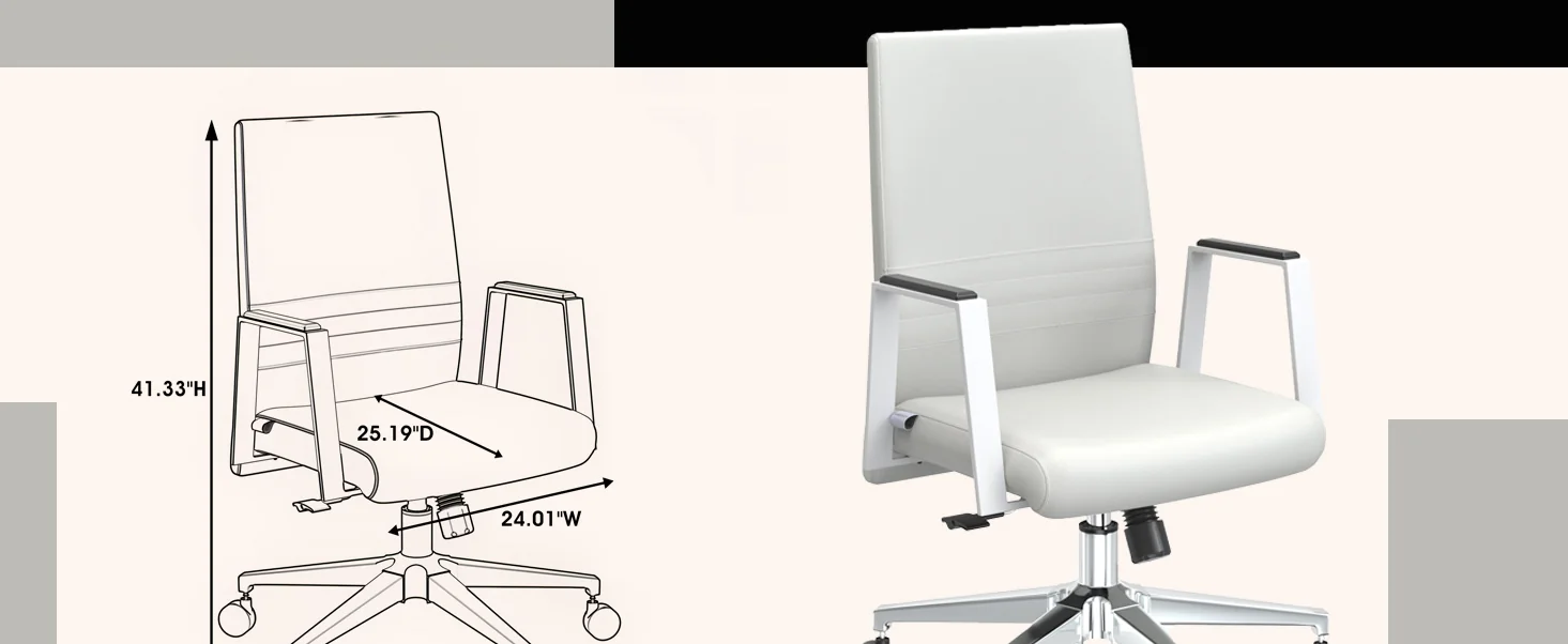 Aleen Office Chair in Upholstered Leather and Iron Frame with Swivel and Tilt in White