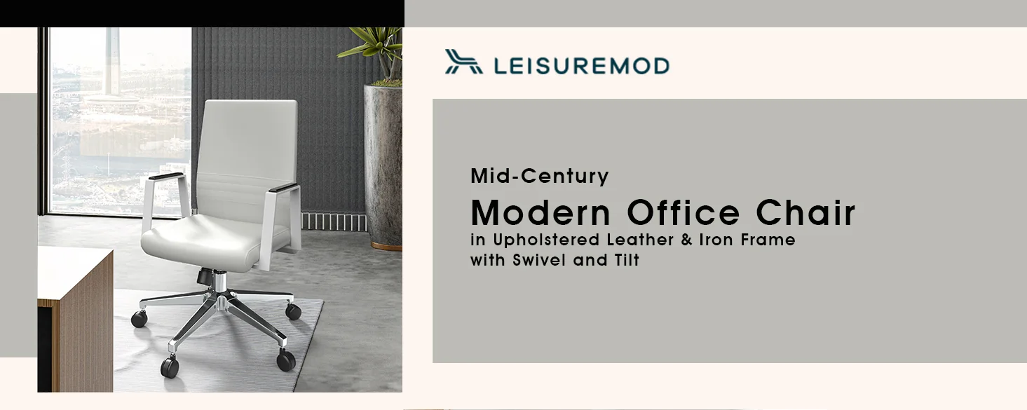 Aleen Office Chair in Upholstered Leather and Iron Frame with Swivel and Tilt in White