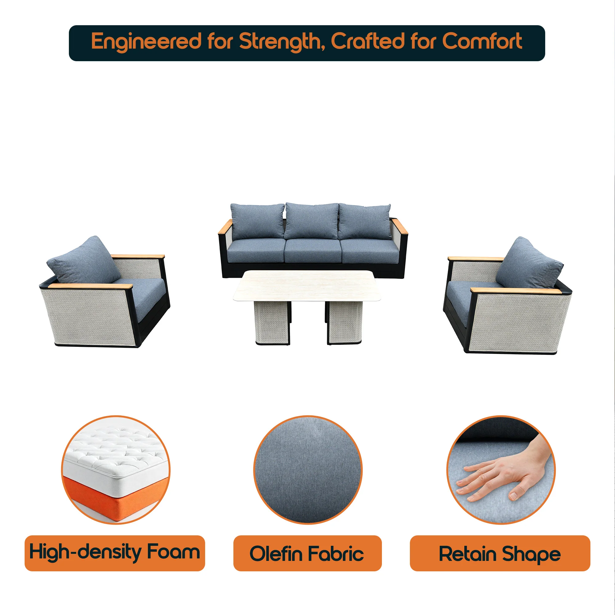 4-Piece Conversation Set with Coffee Table, Sofa, and 2 Accent Chairs in Black Arvin Collection