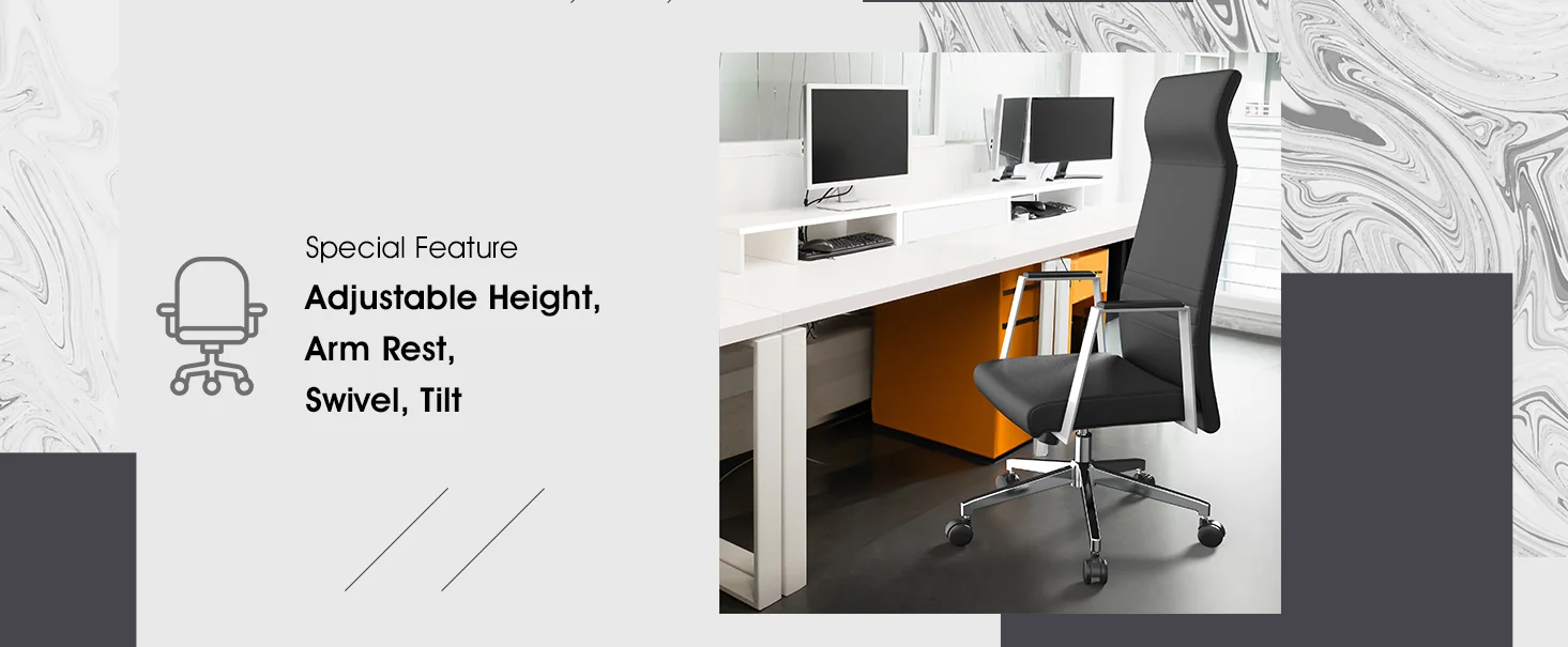 Aleen High-Back Office Chair in Upholstered Leather and Iron Frame with Swivel and Tilt in Black