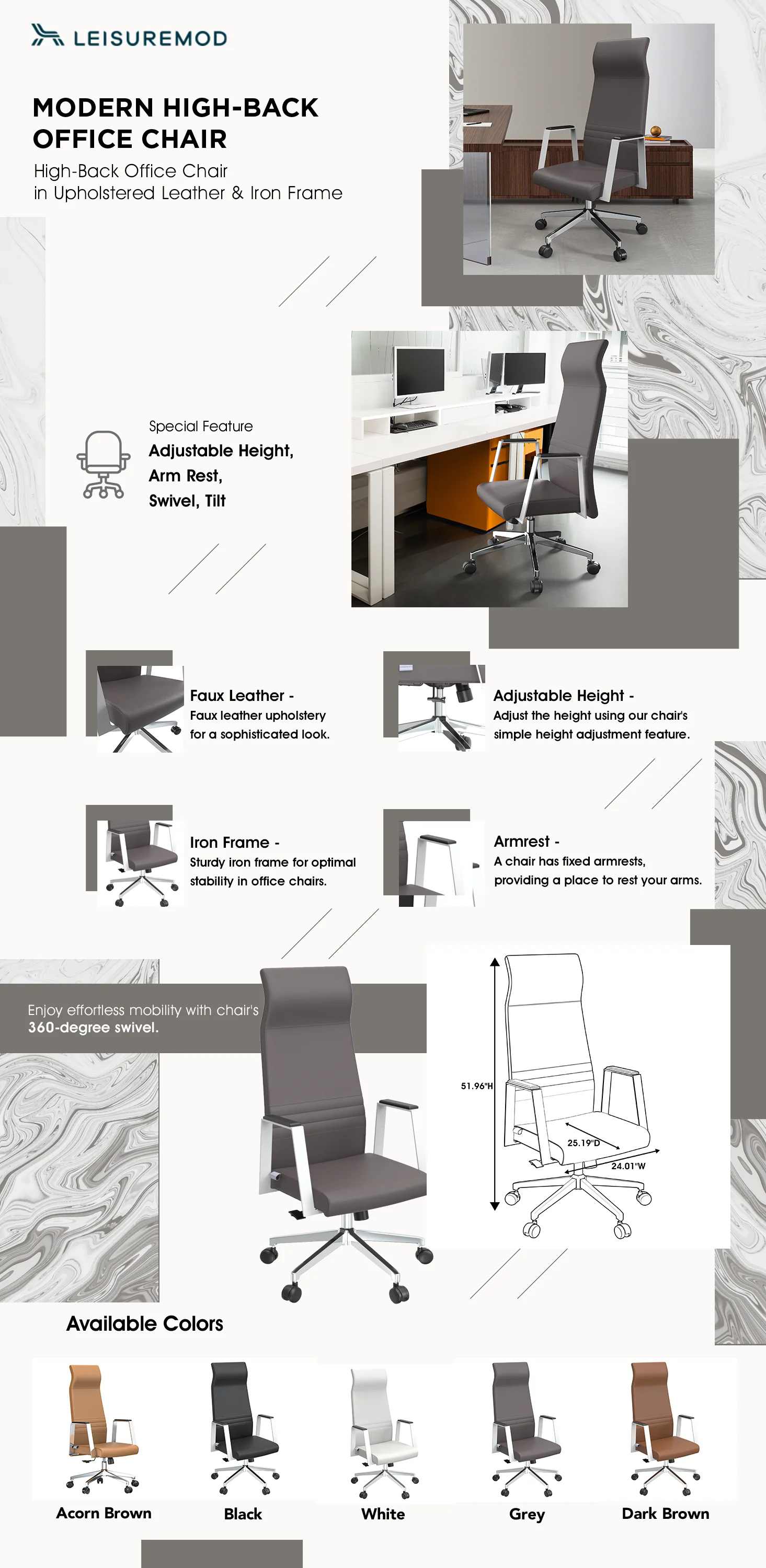 Aleen High-Back Office Chair in Upholstered Leather and Iron Frame with Swivel and Tilt in Grey