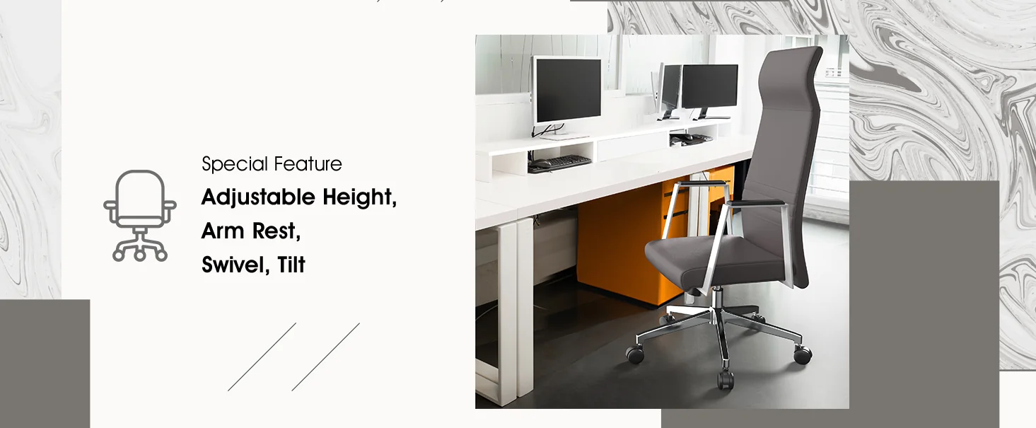 Aleen High-Back Office Chair in Upholstered Leather and Iron Frame with Swivel and Tilt in Grey