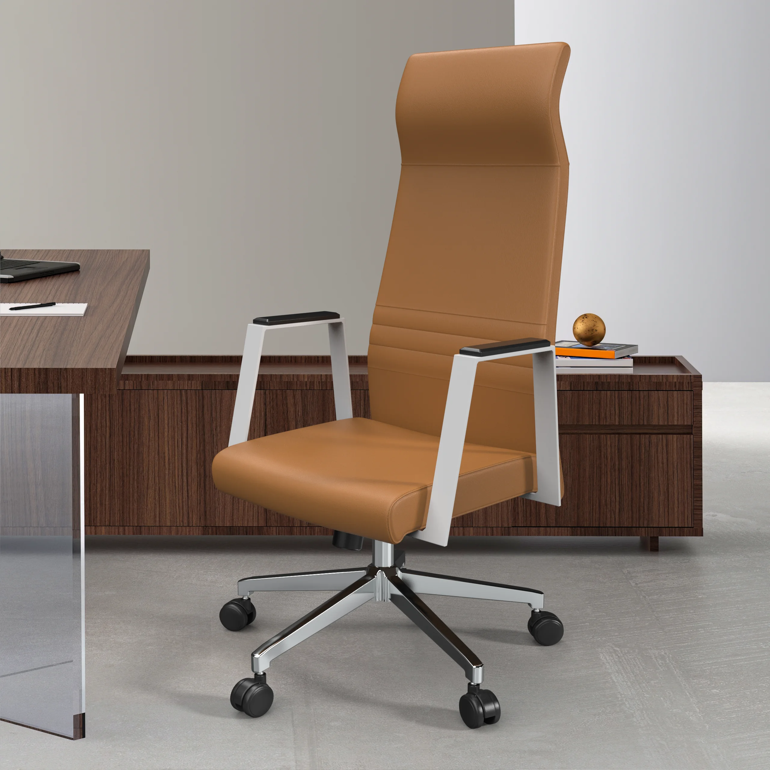 Aleen High-Back Office Chair in Upholstered Leather and Iron Frame with Swivel and Tilt in Acorn Brown