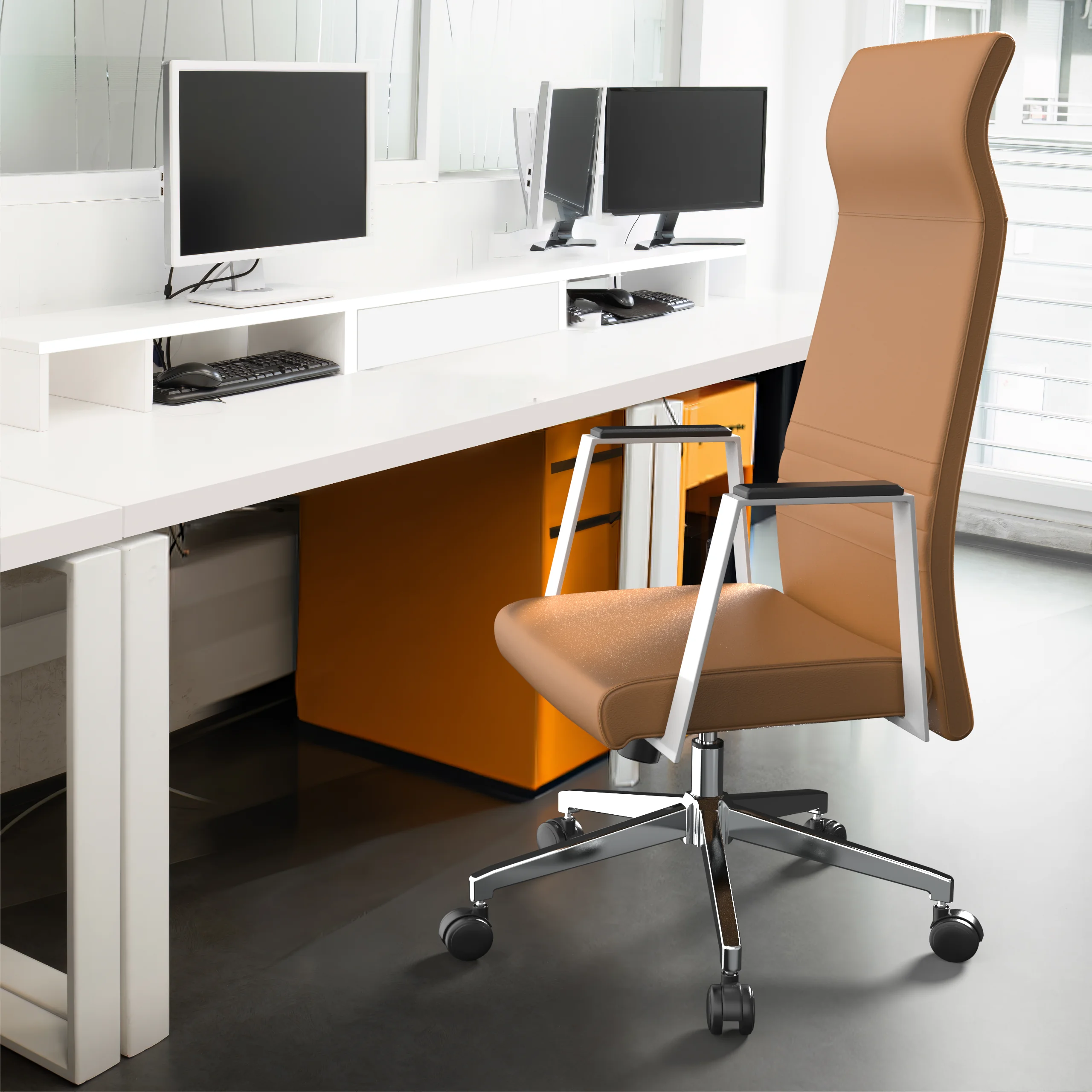 Aleen High-Back Office Chair in Upholstered Leather and Iron Frame with Swivel and Tilt in Acorn Brown