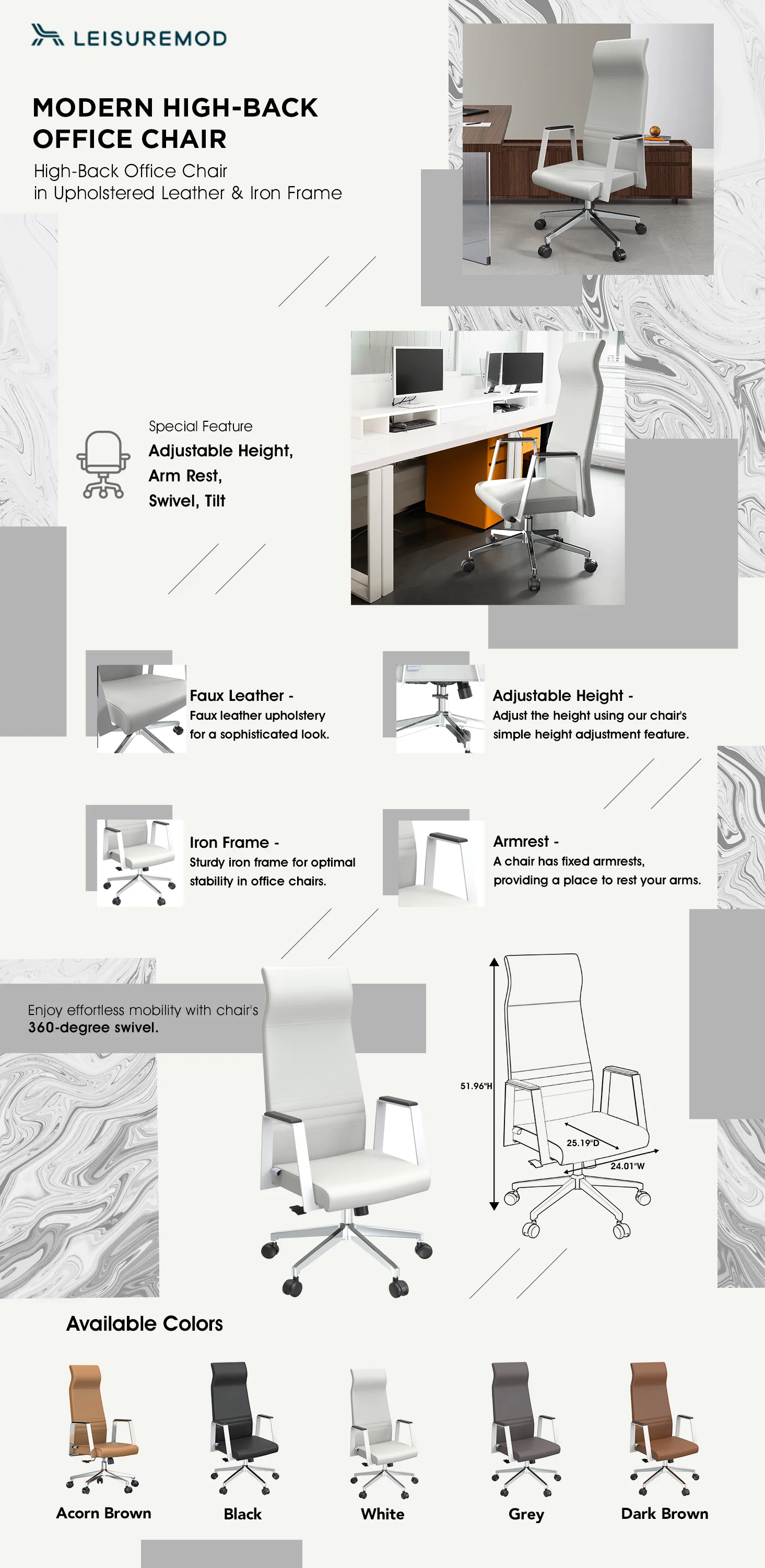 Aleen High-Back Office Chair in Upholstered Leather and Iron Frame with Swivel and Tilt in White