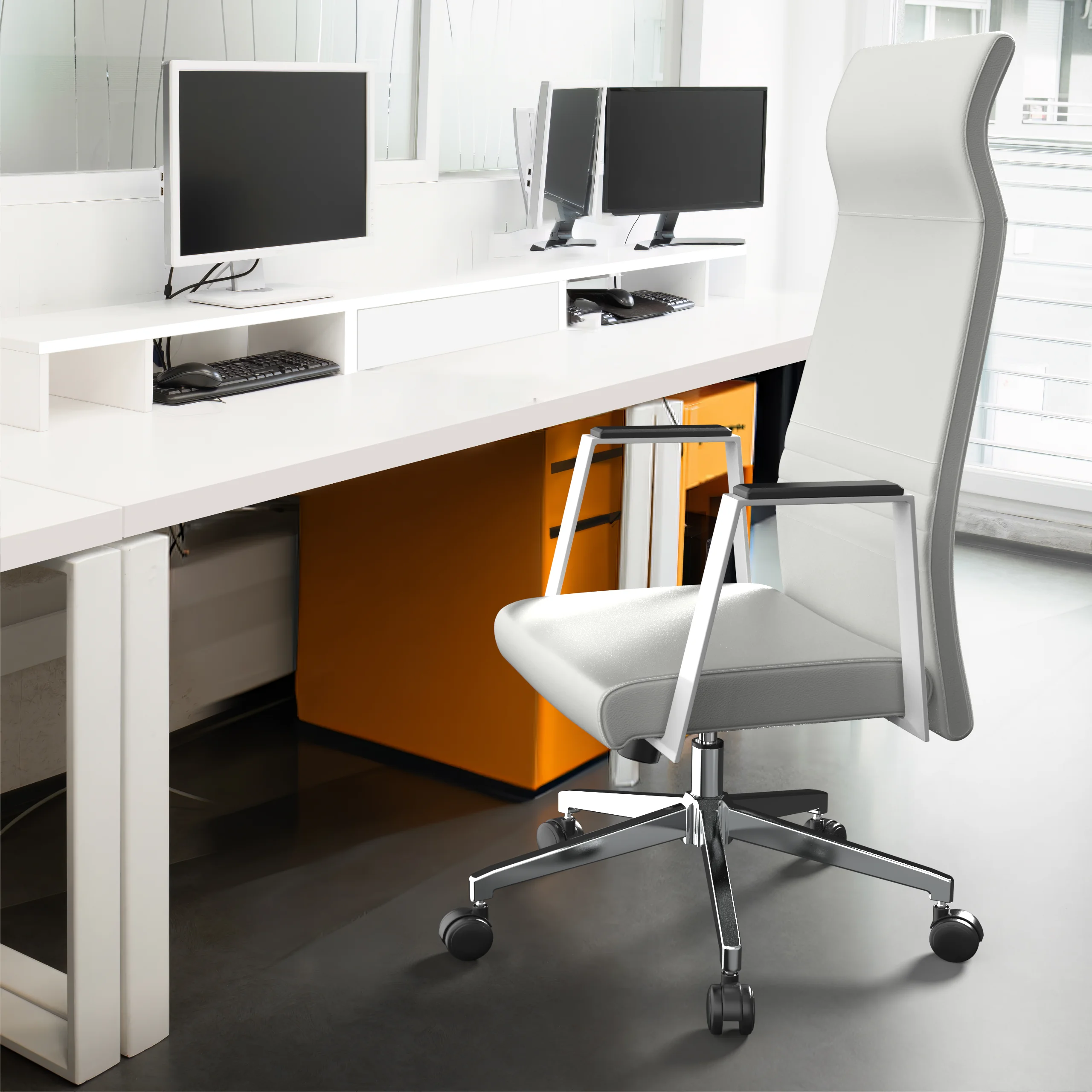 Aleen High-Back Office Chair in Upholstered Leather and Iron Frame with Swivel and Tilt in White