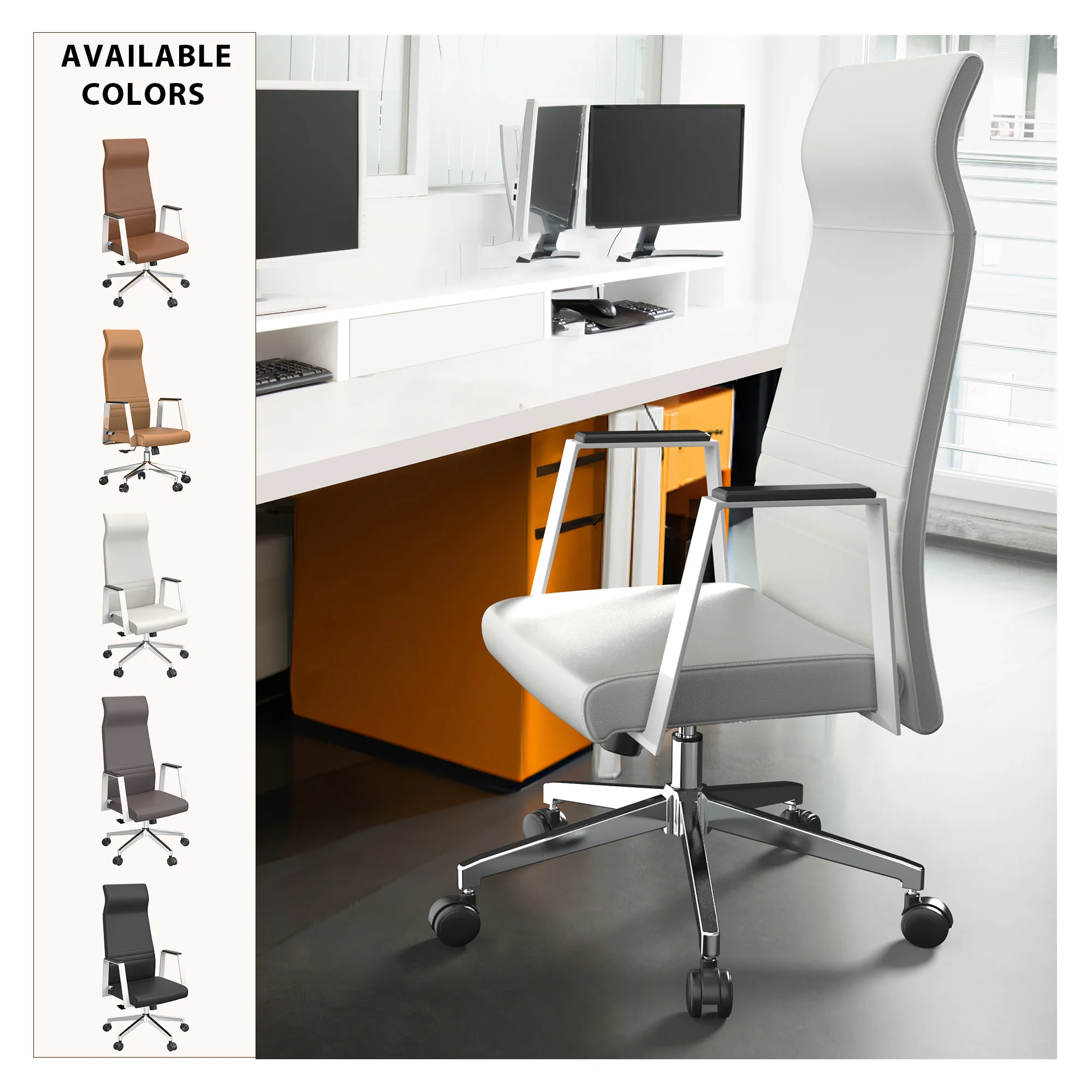 Aleen High-Back Office Chair in Upholstered Leather and Iron Frame with Swivel and Tilt in White