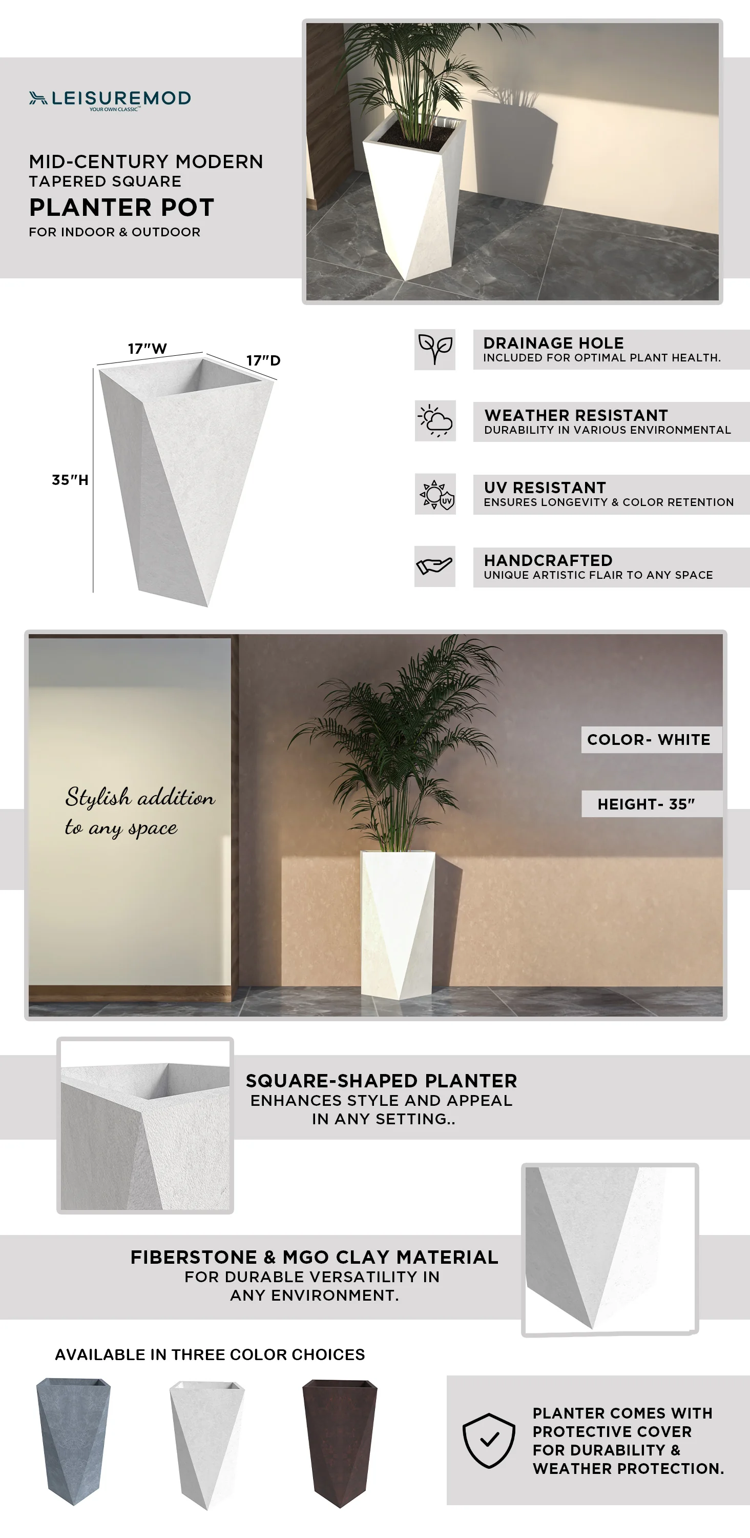 Aloe Series PolyStone Planter in White, 17 x 17, 34.6 High