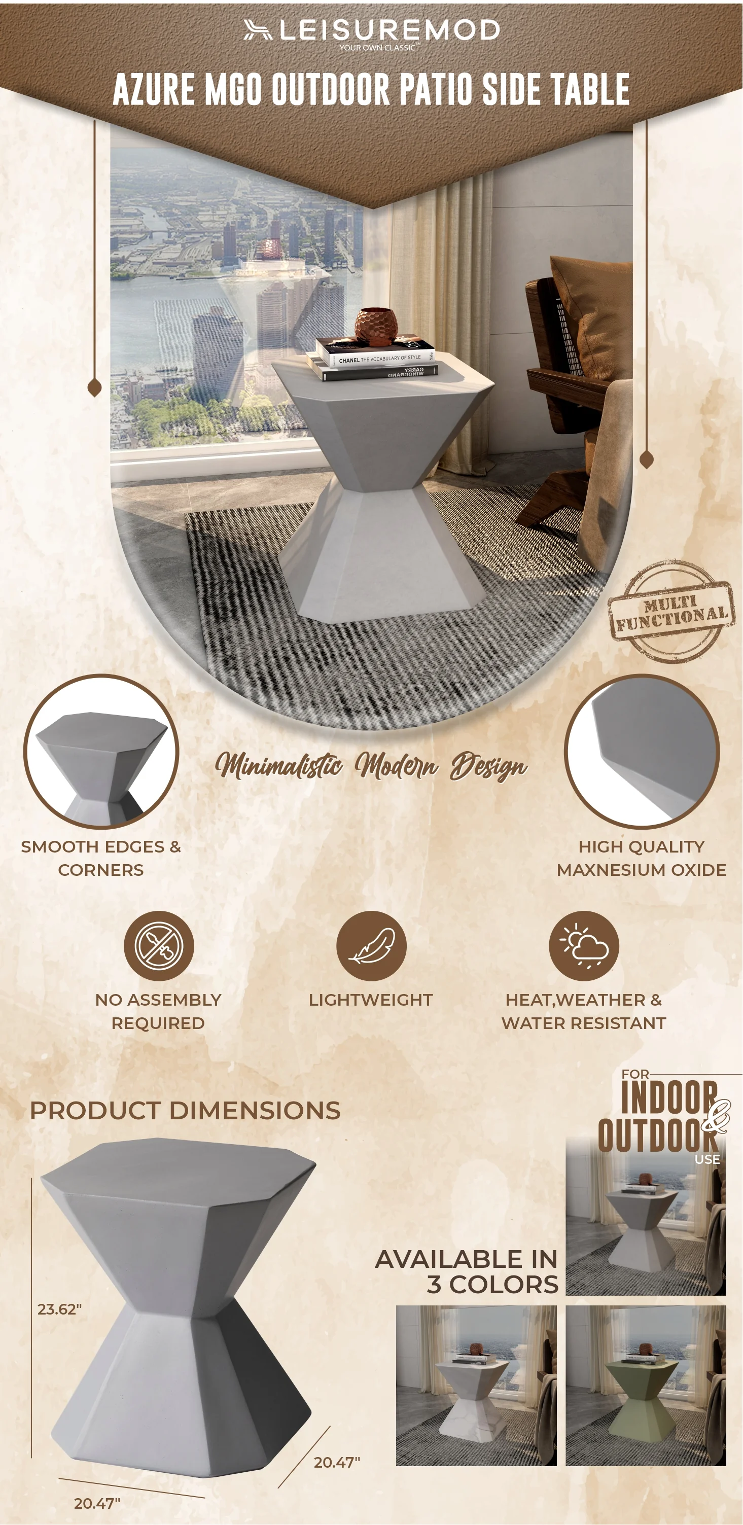 Azure Collection Fiberglass Outdoor Side Table in Grey