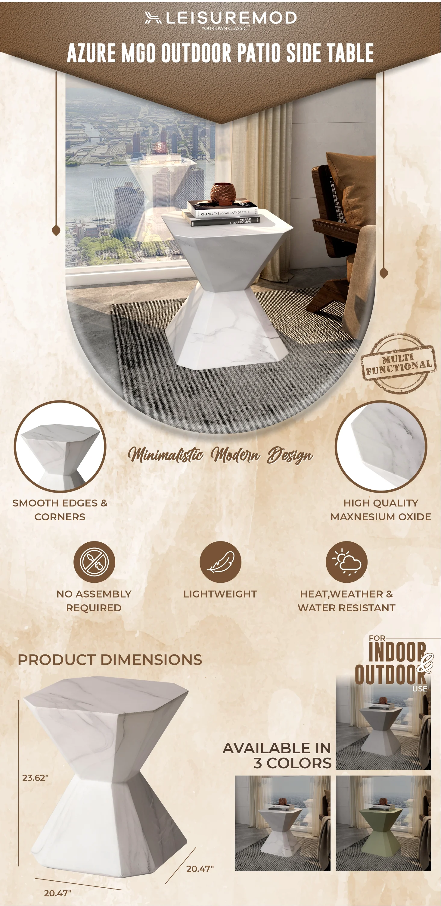 Azure Collection Fiberglass Outdoor Side Table in Marble White