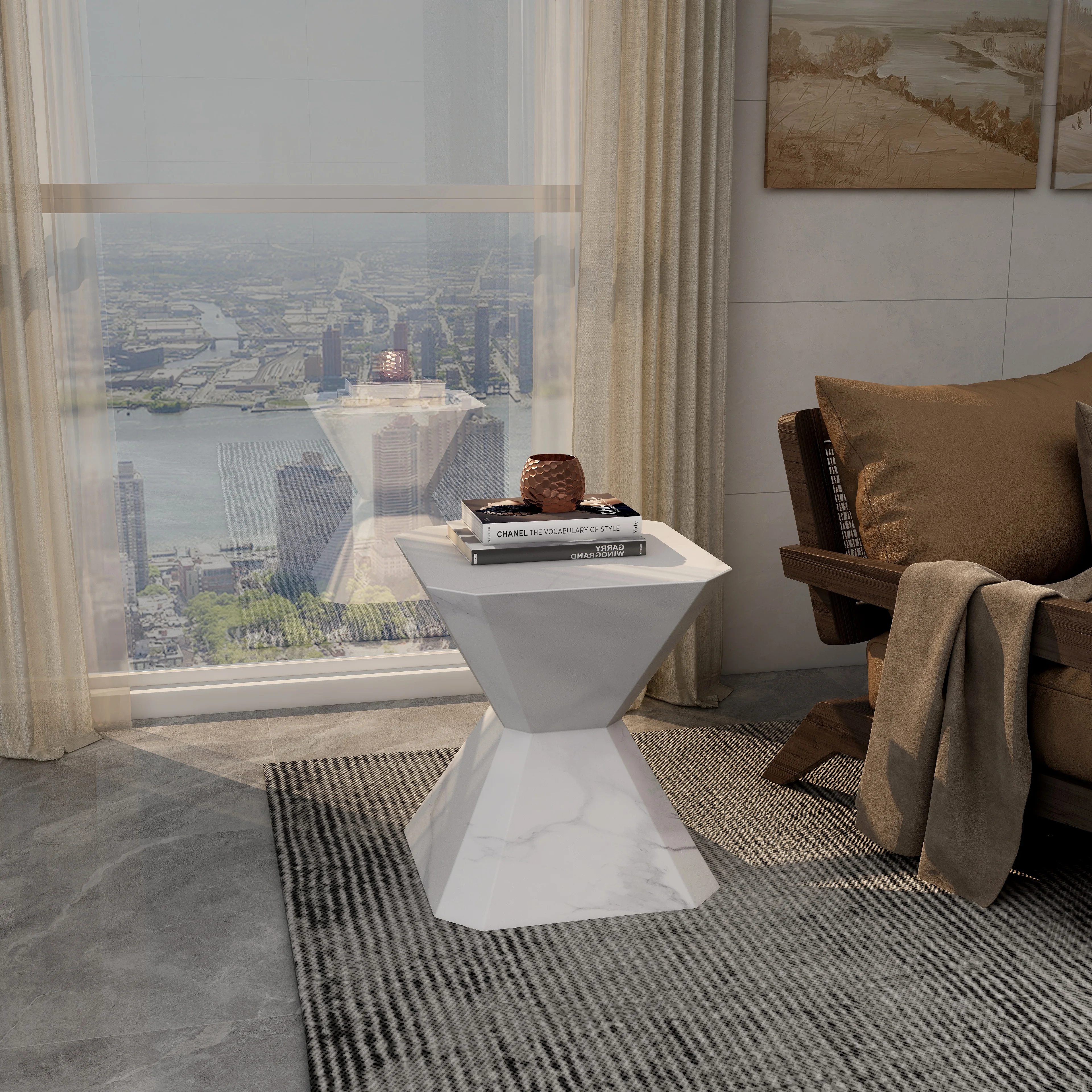 Azure Collection Fiberglass Outdoor Side Table in Marble White