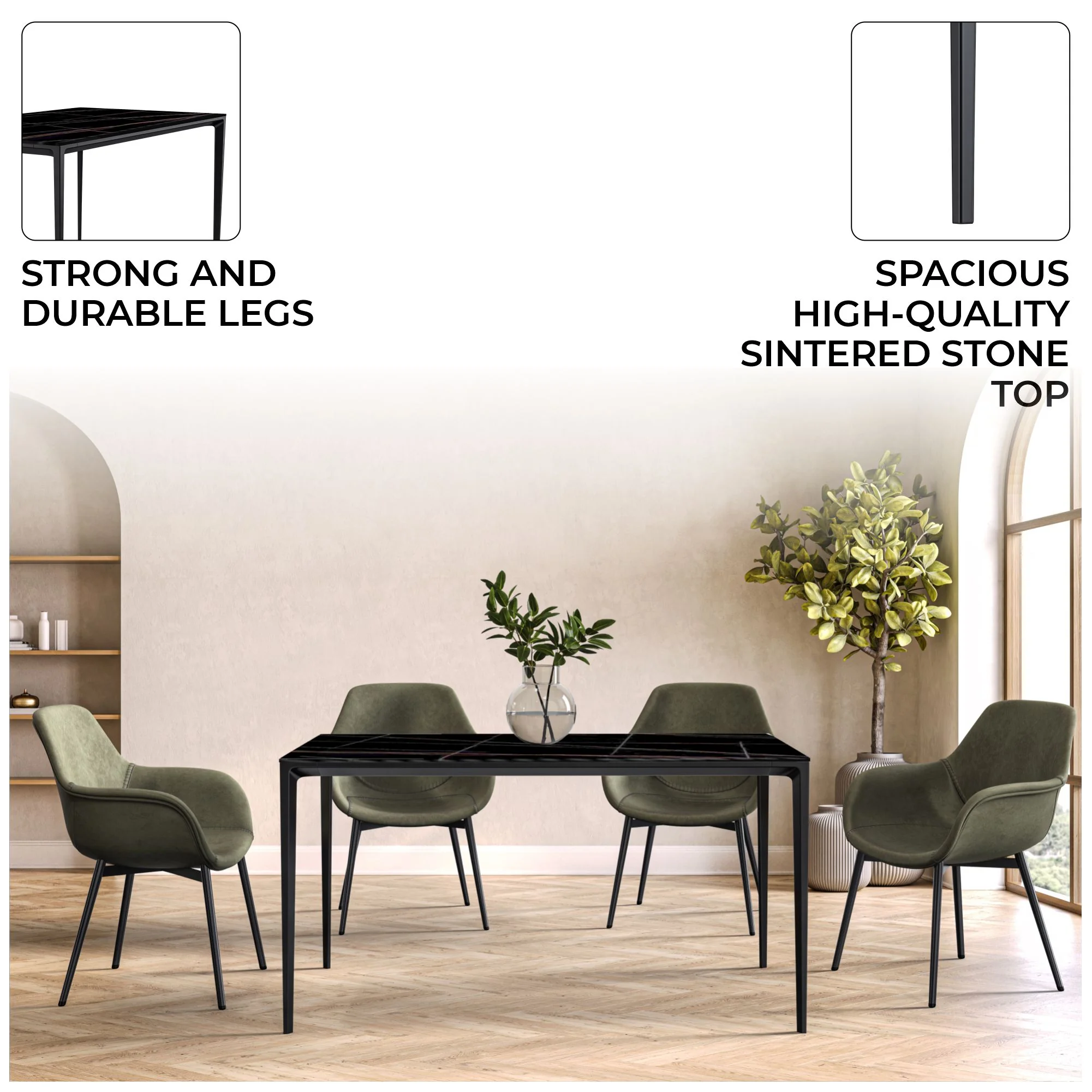 Avo Series Modern Dining Table Black Base, With 55 Black/Gold Sintered Stone Top