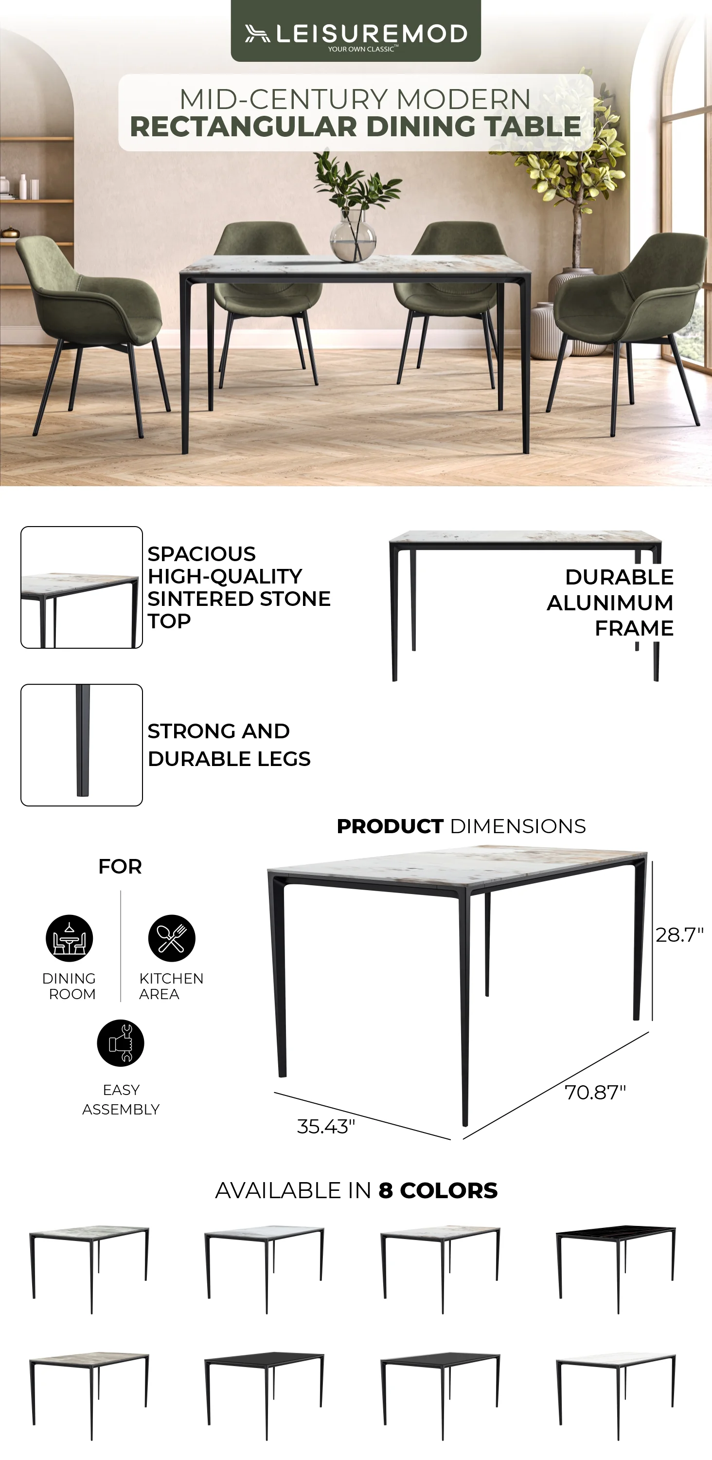 Avo Series Modern Dining Table Black Base, With 55 White Grey Sintered Stone Top