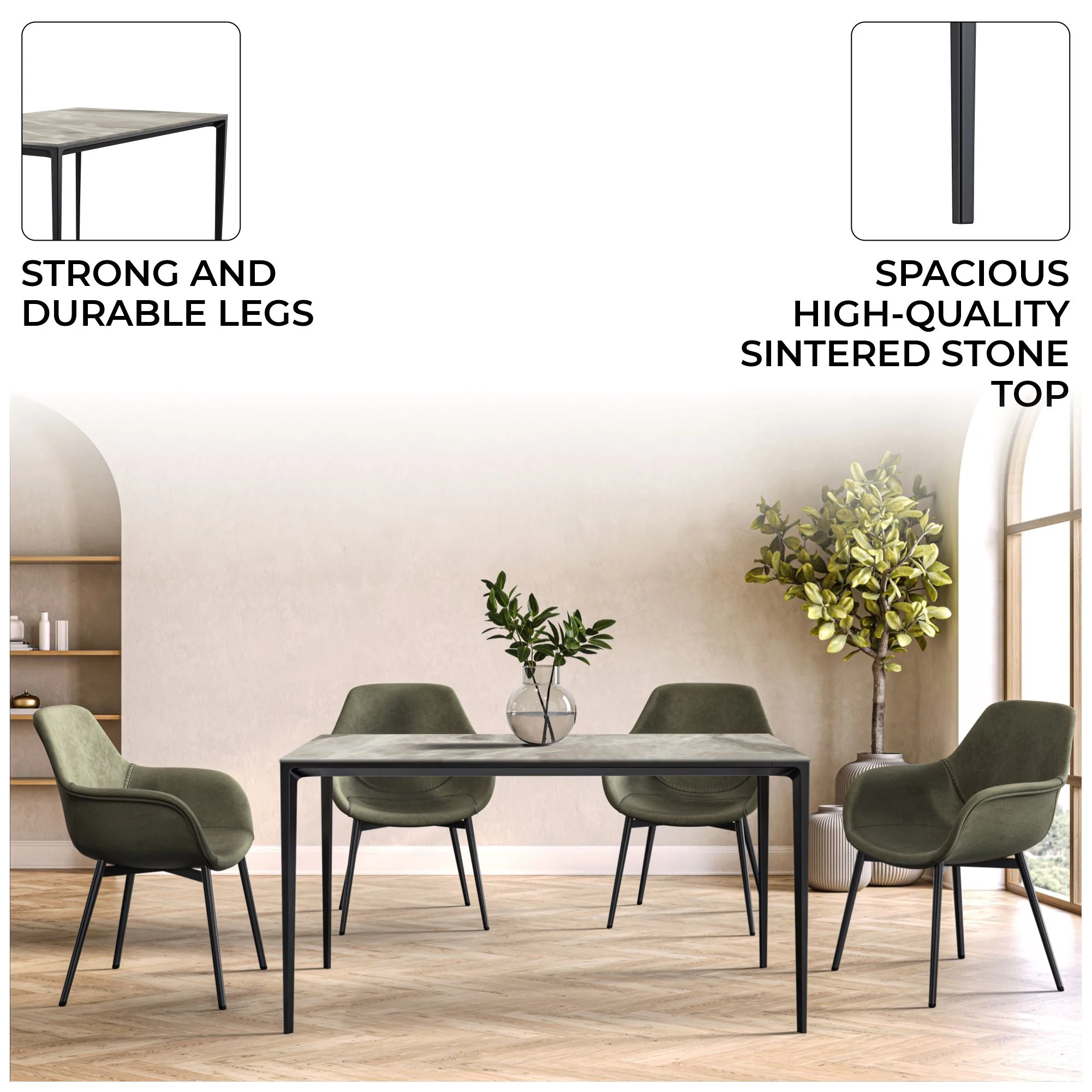 Avo Series Modern Dining Table Black Base, With 55 Deep Grey Sintered Stone Top