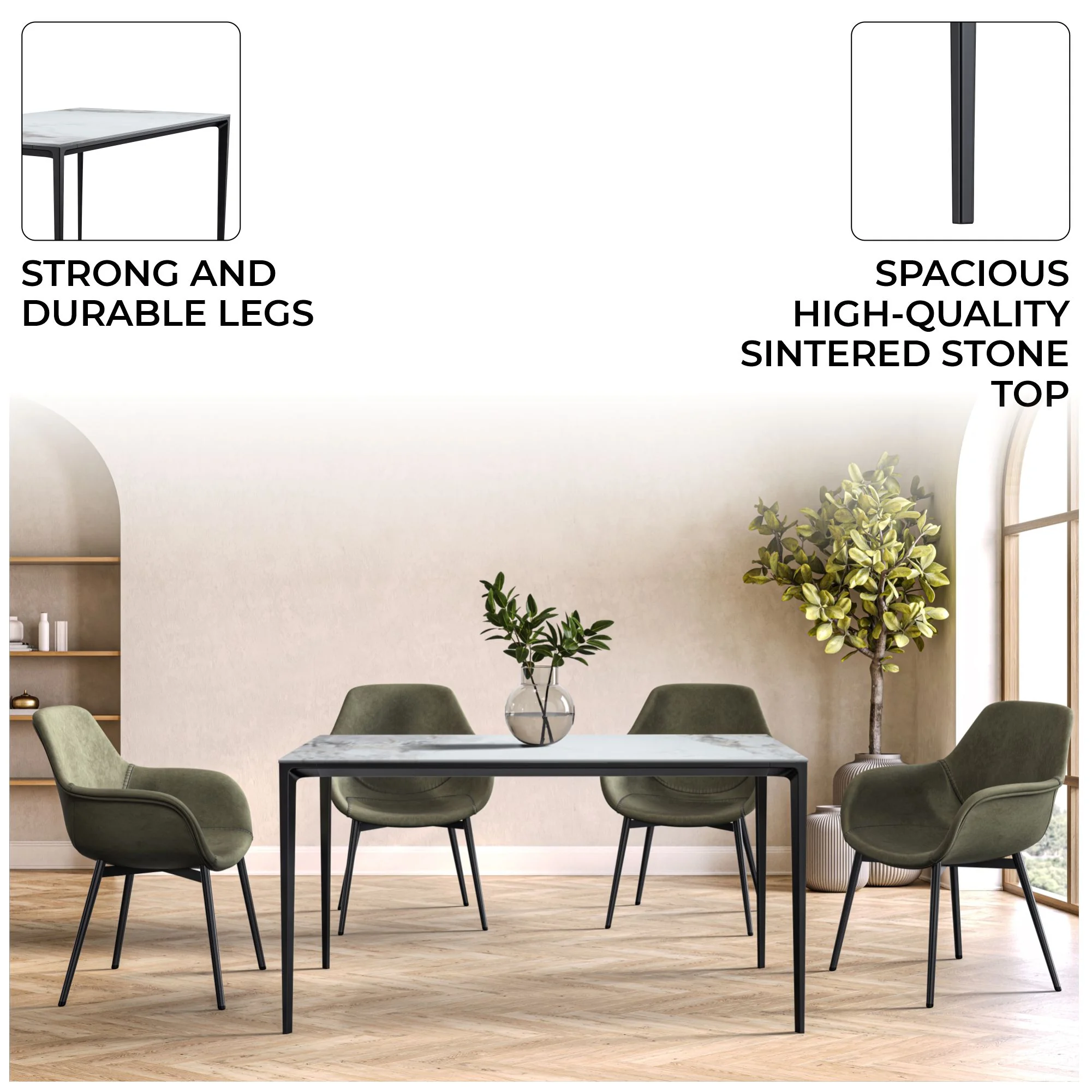 Avo Series Modern Dining Table Black Base, With 55 Medium Grey Sintered Stone Top