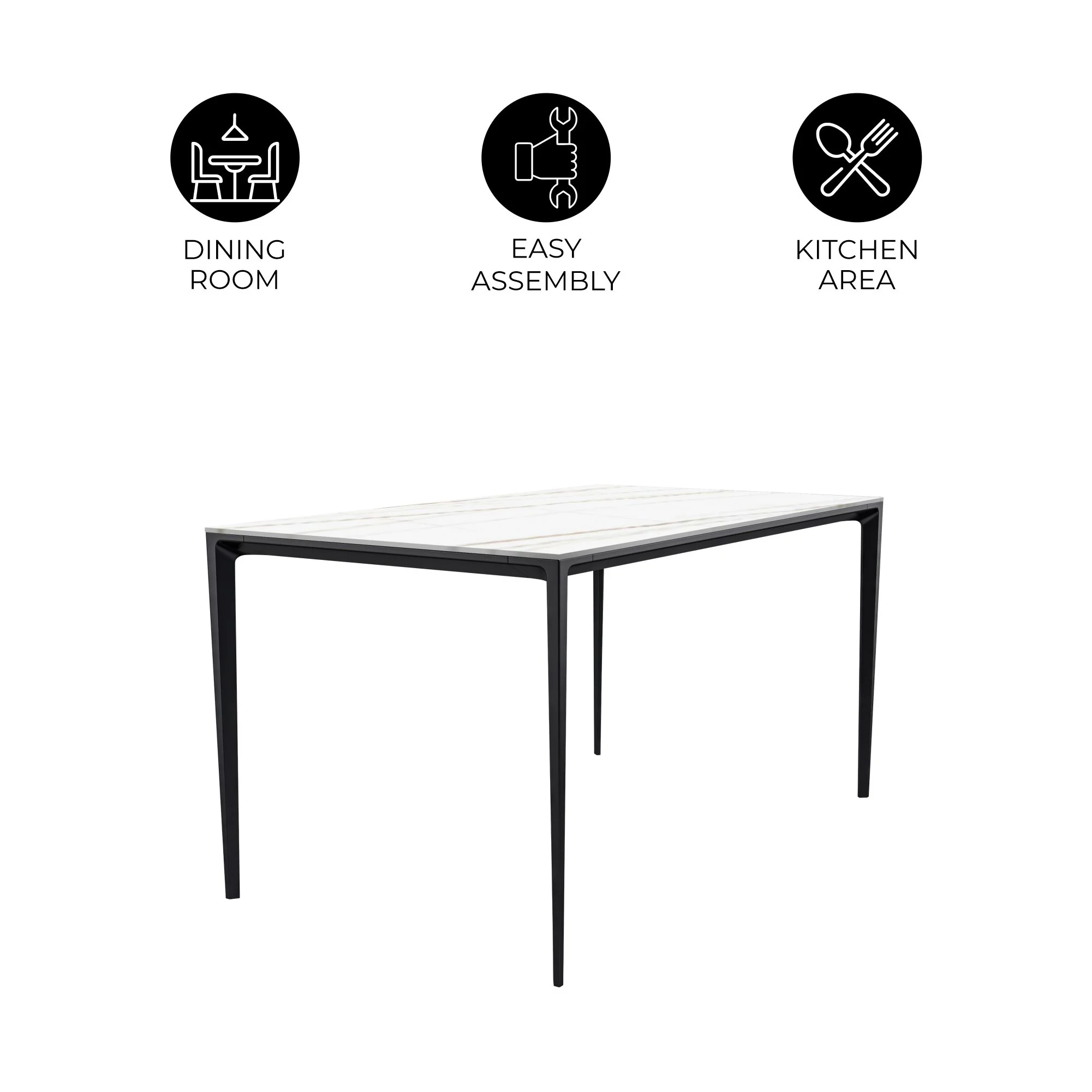 Avo Series Modern Dining Table Black Base, With 55 White/Gold Sintered Stone Top