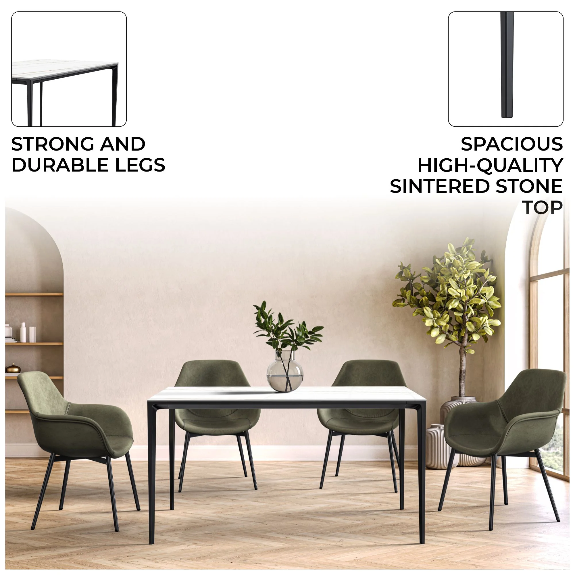 Avo Series Modern Dining Table Black Base, With 55 White/Gold Sintered Stone Top