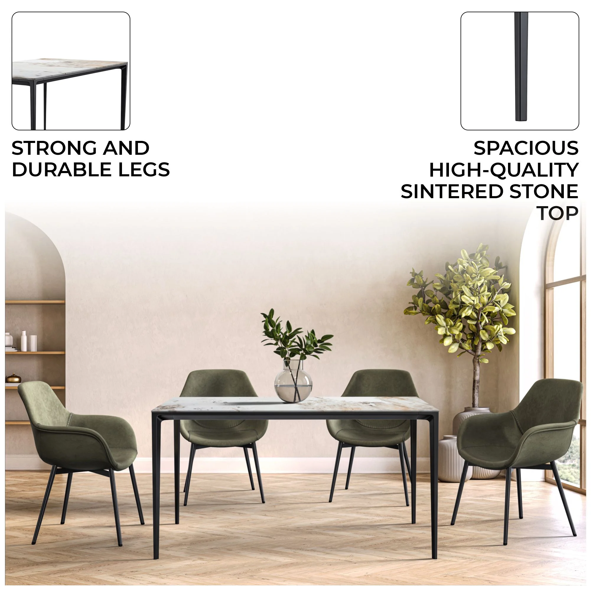 Avo Series Modern Dining Table Black Base, With 62 White Grey Sintered Stone Top