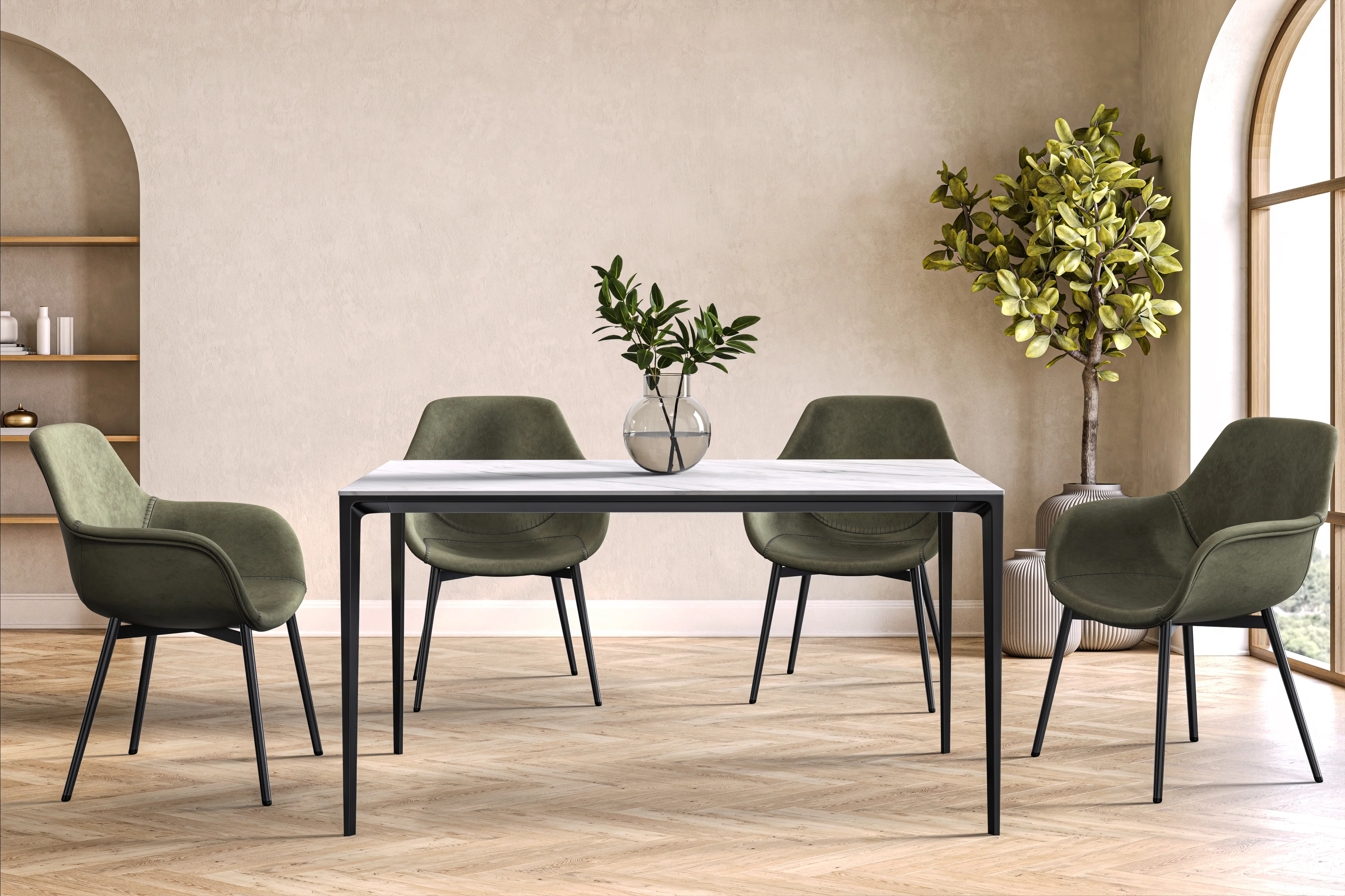 Avo Series Modern Dining Table Black Base, With 71 White Sintered Stone Top