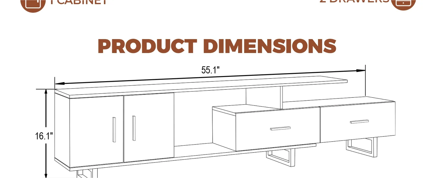 Avery Mid-Century Modern TV Stand with MDF Cabinet and Powder Coated Steel Legs
