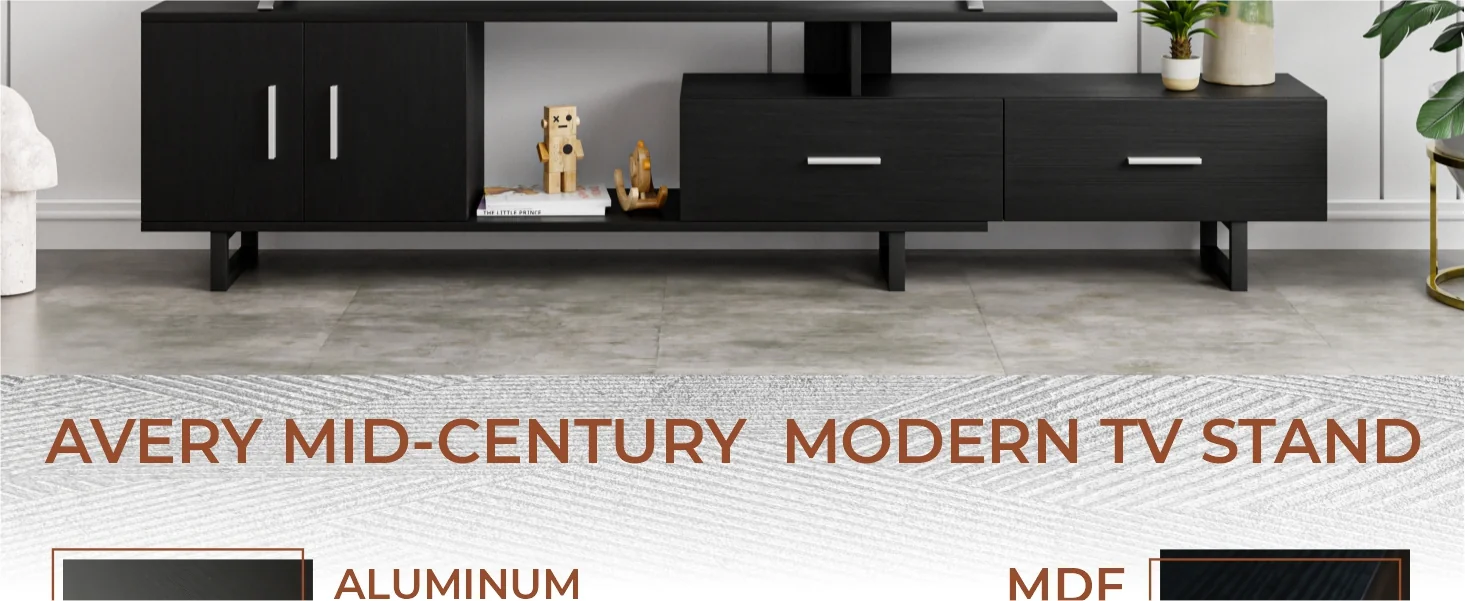 Avery Mid-Century Modern TV Stand with MDF Cabinet and Powder Coated Steel Legs