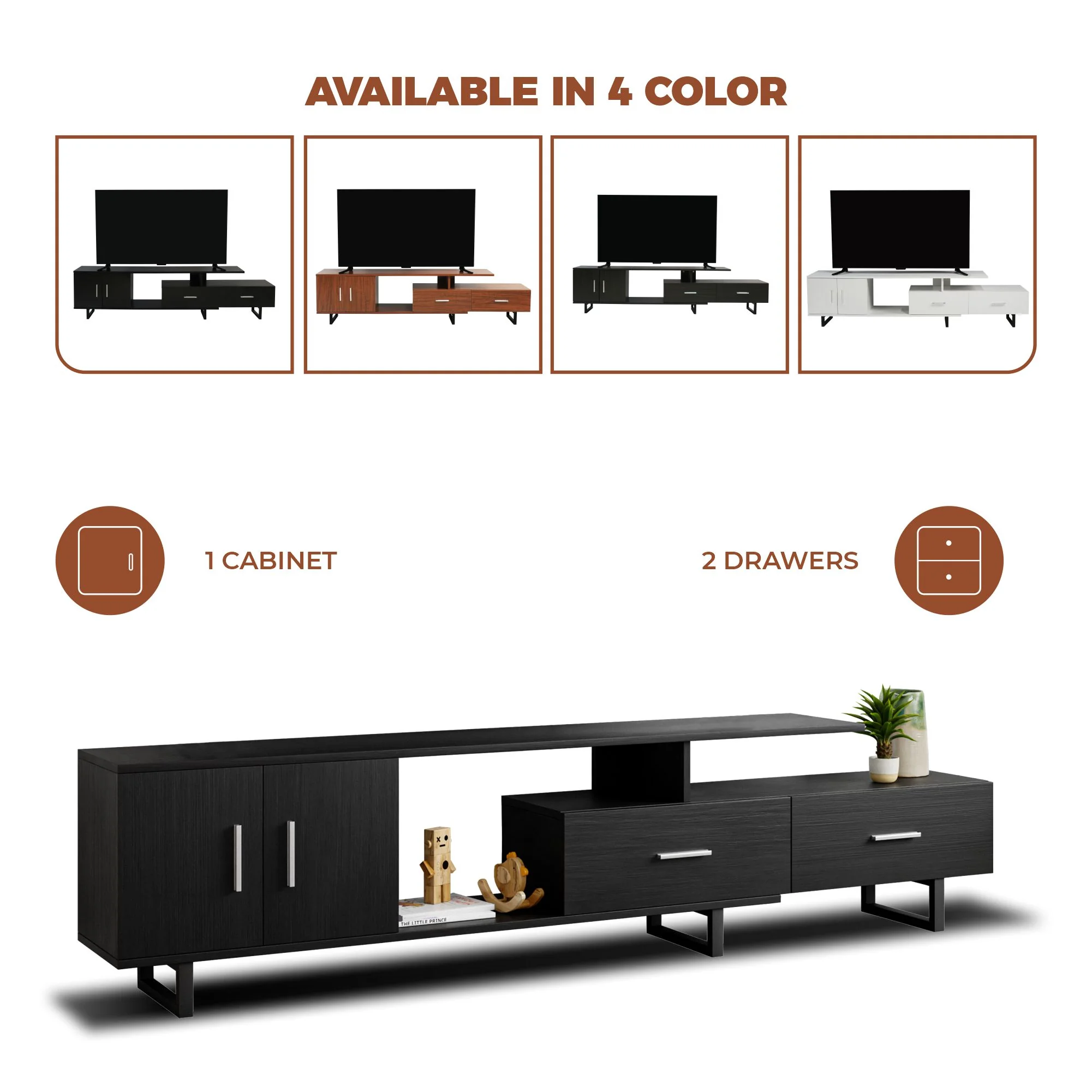 Avery Mid-Century Modern TV Stand with MDF Cabinet and Powder Coated Steel Legs