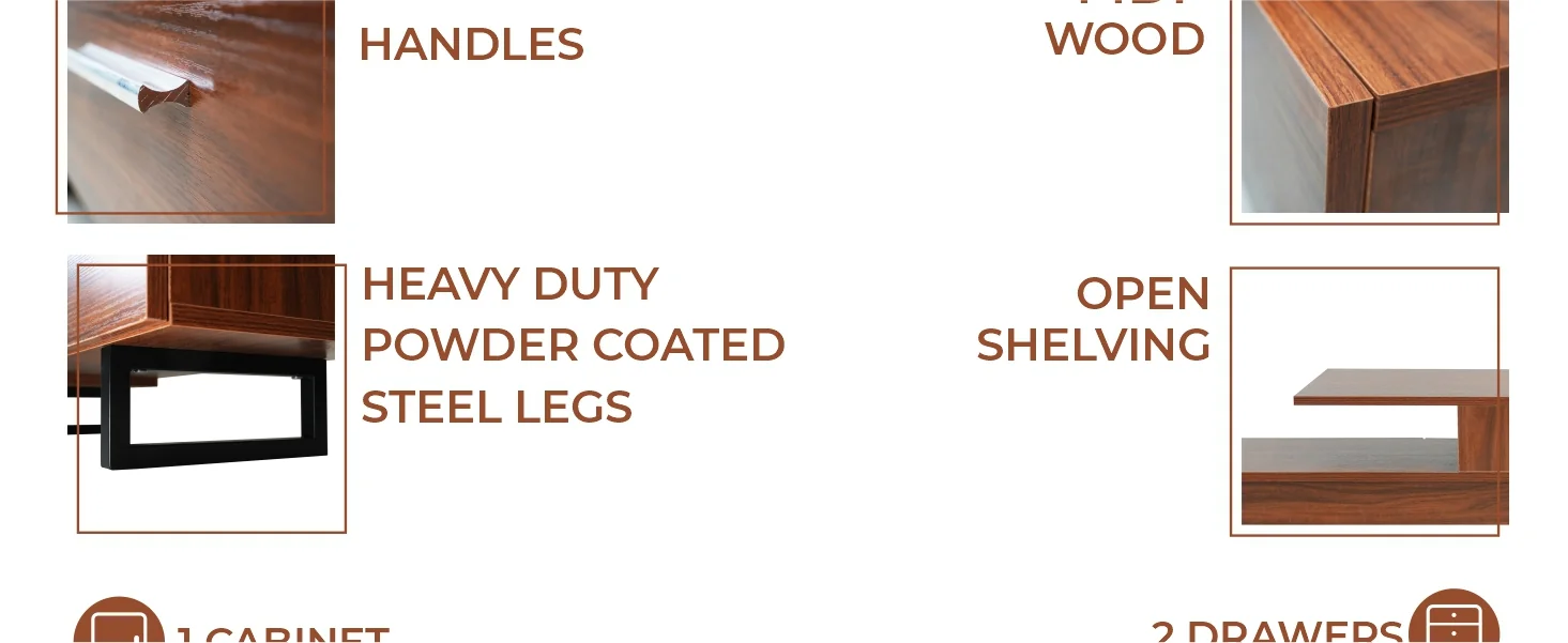 Avery Mid-Century Modern TV Stand with MDF Cabinet and Powder Coated Steel Legs