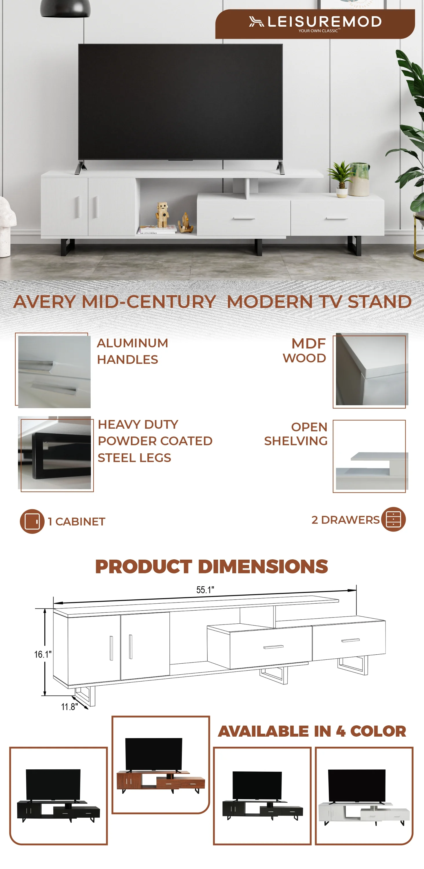 Avery Mid-Century Modern TV Stand with MDF Cabinet and Powder Coated Steel Legs
