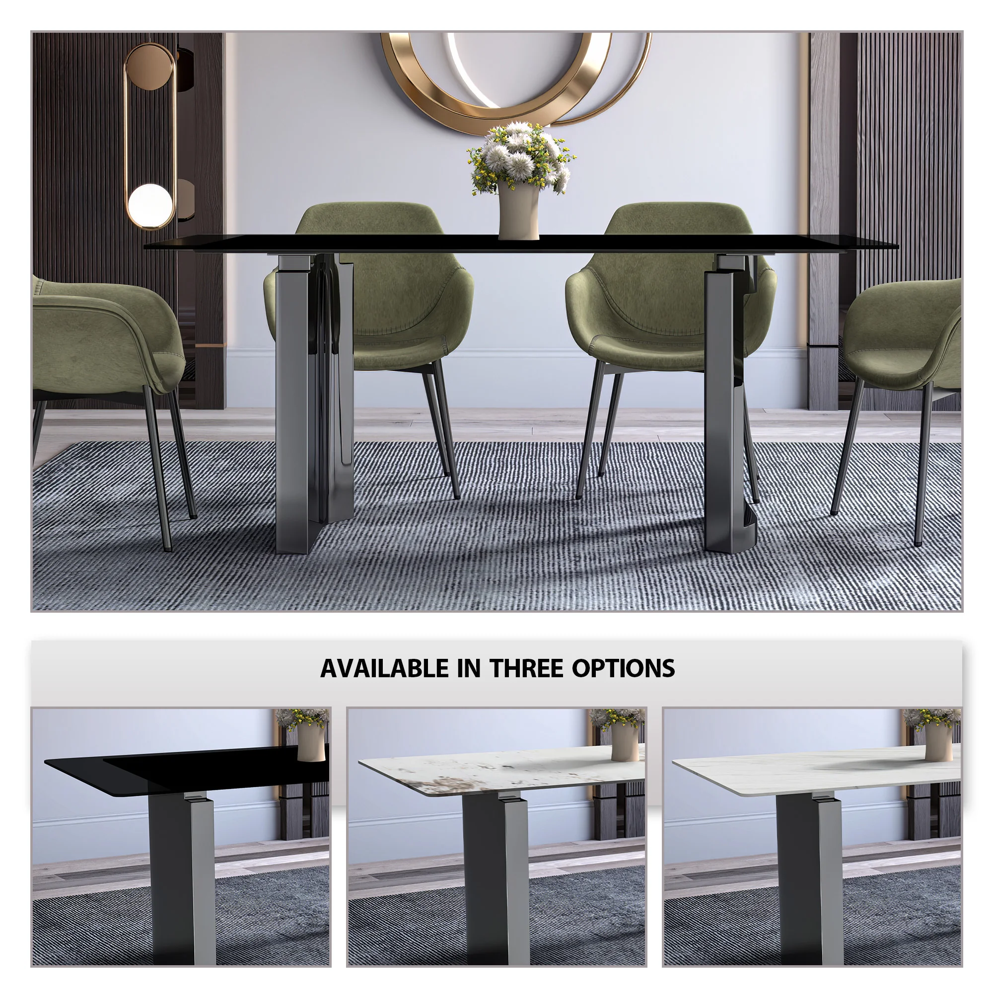 Astra Series Modern Dining Table Stainless Steel Base, With 55" Black Glass Top