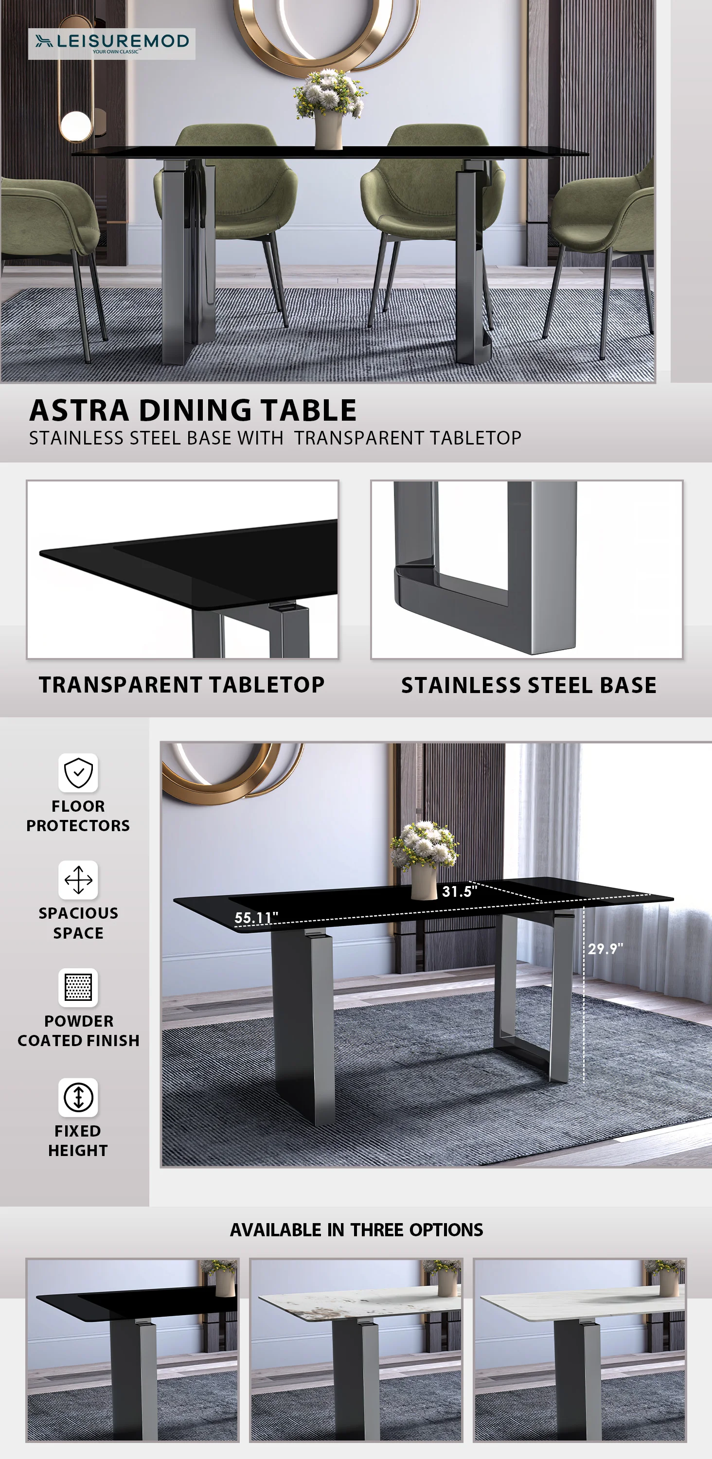 Astra Series Modern Dining Table Stainless Steel Base, With 55" Black Glass Top
