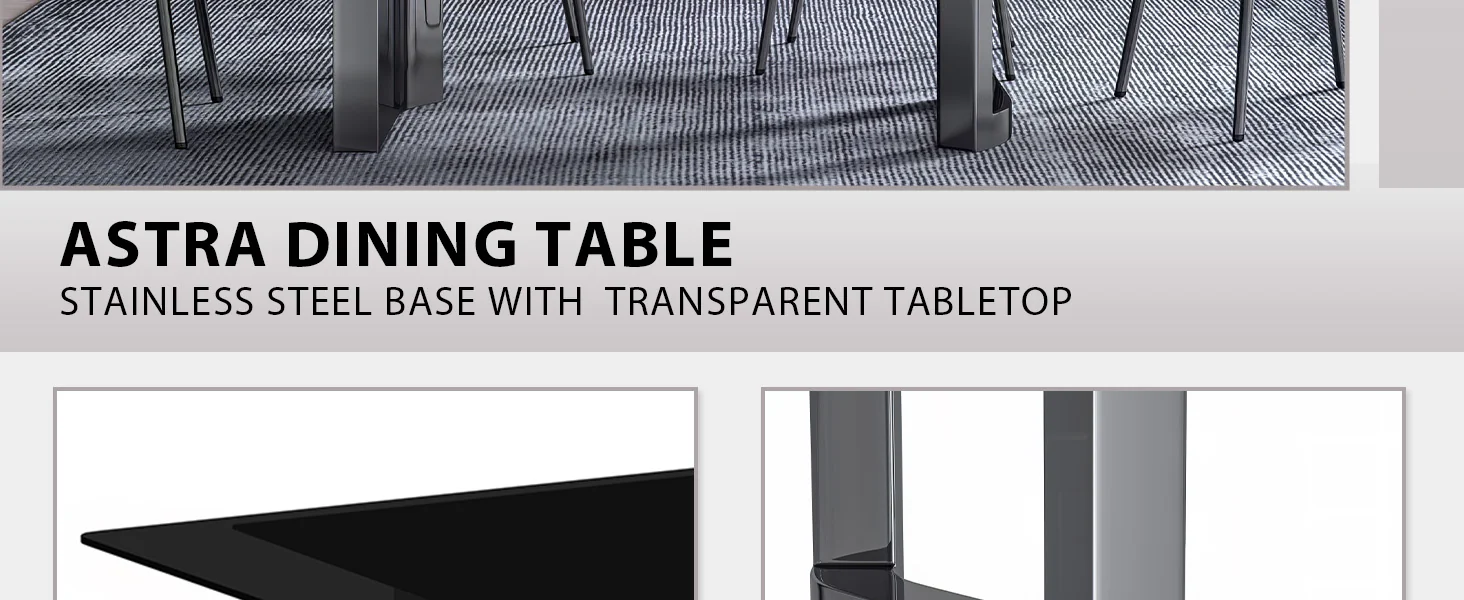 Astra Series Modern Dining Table Stainless Steel Base, With 55" Black Glass Top