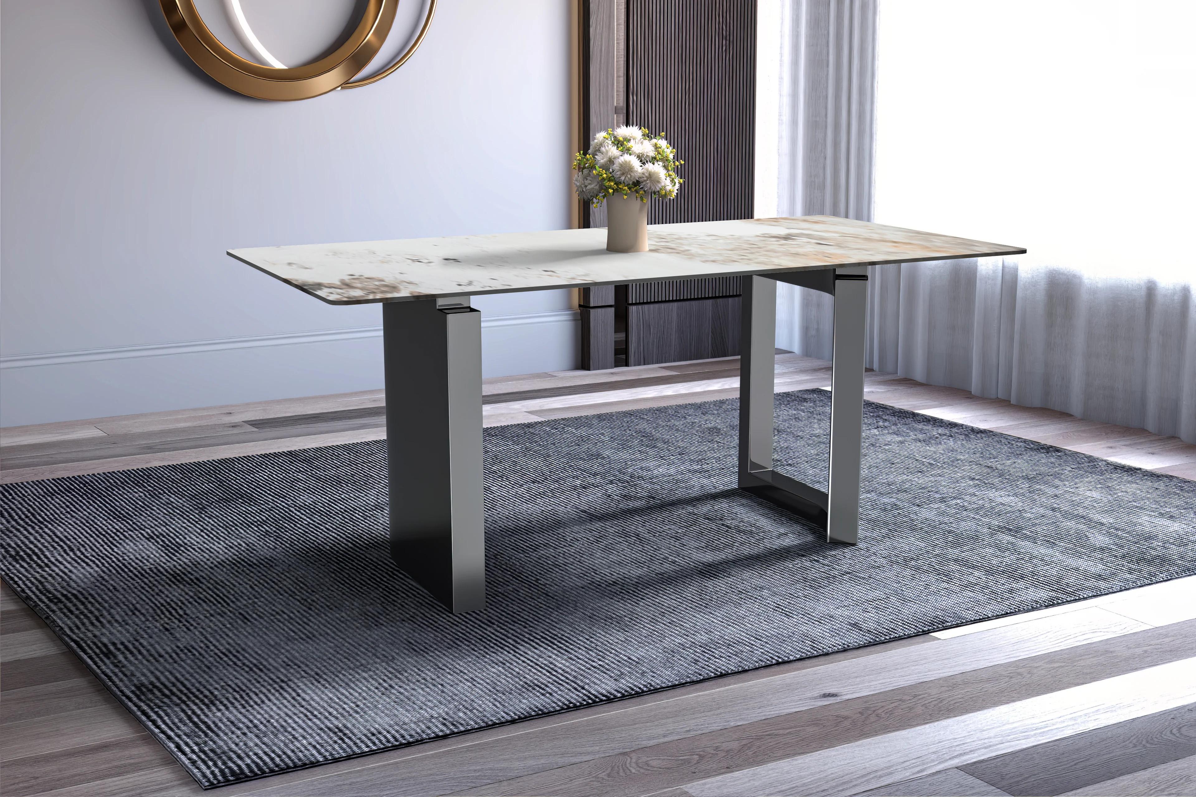 Astra Series Modern Dining Table Stainless Steel Base, With 55" White Grey Sintered Stone Top