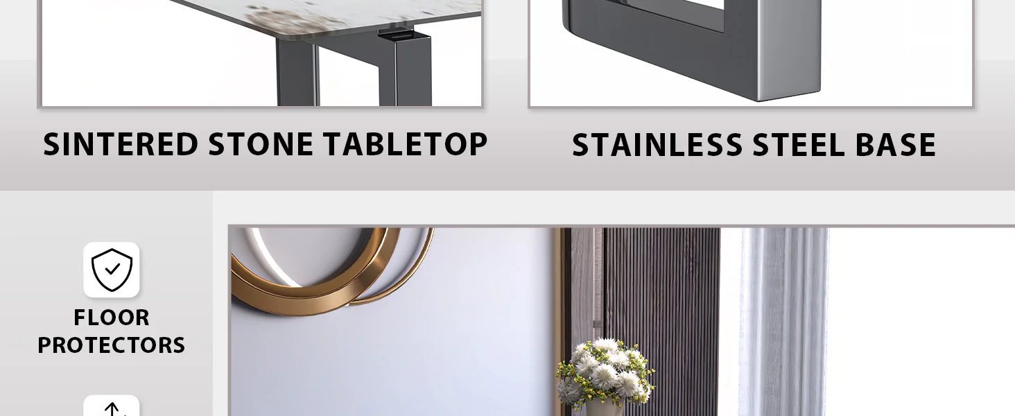 Astra Series Modern Dining Table Stainless Steel Base, With 55" White Grey Sintered Stone Top