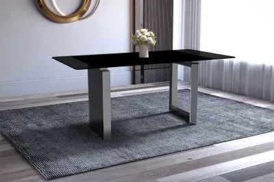 Astra Series Modern Dining Table Stainless Steel Base, With 62" Black Glass Top
