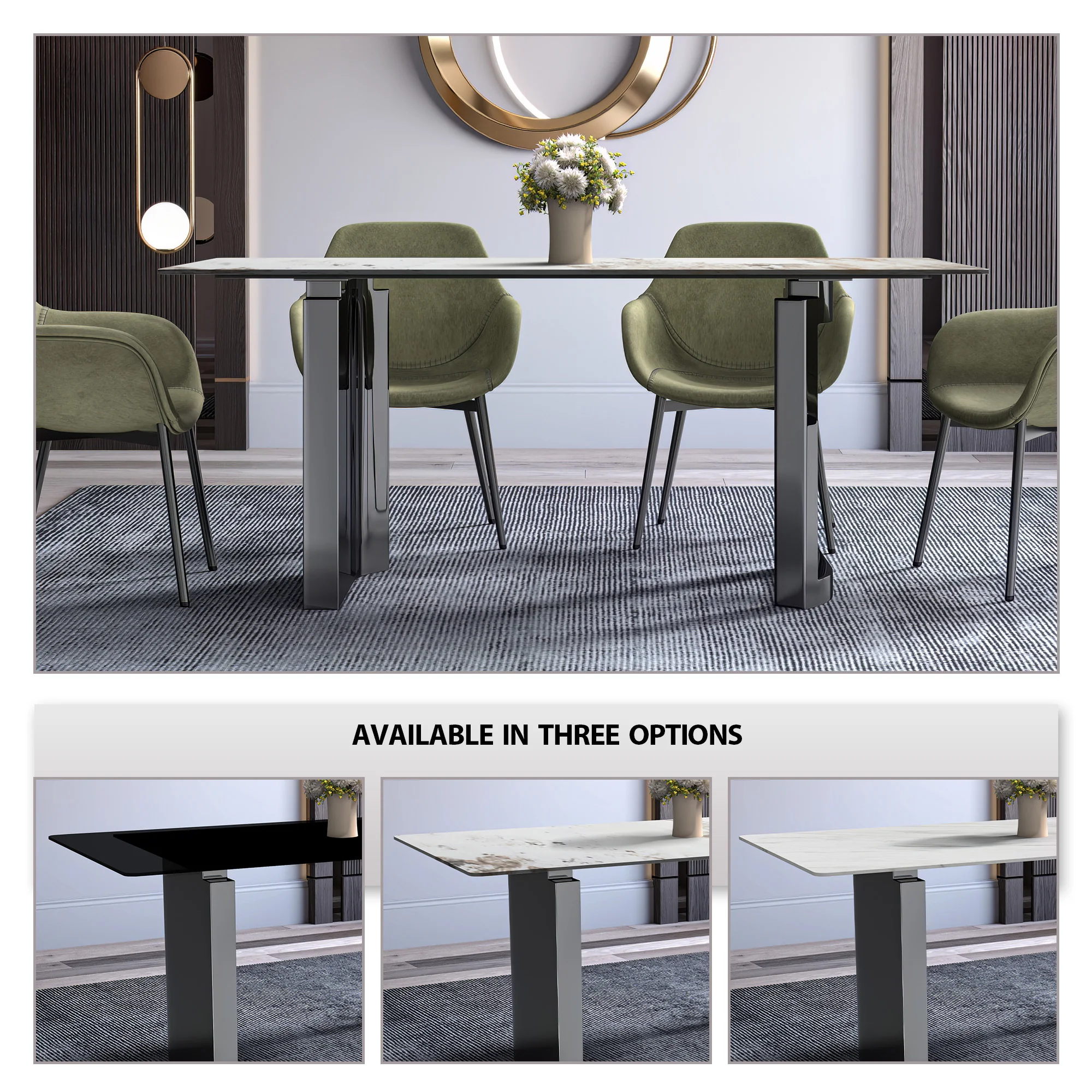 Astra Series Modern Dining Table Stainless Steel Base, With 62" White Grey Sintered Stone Top