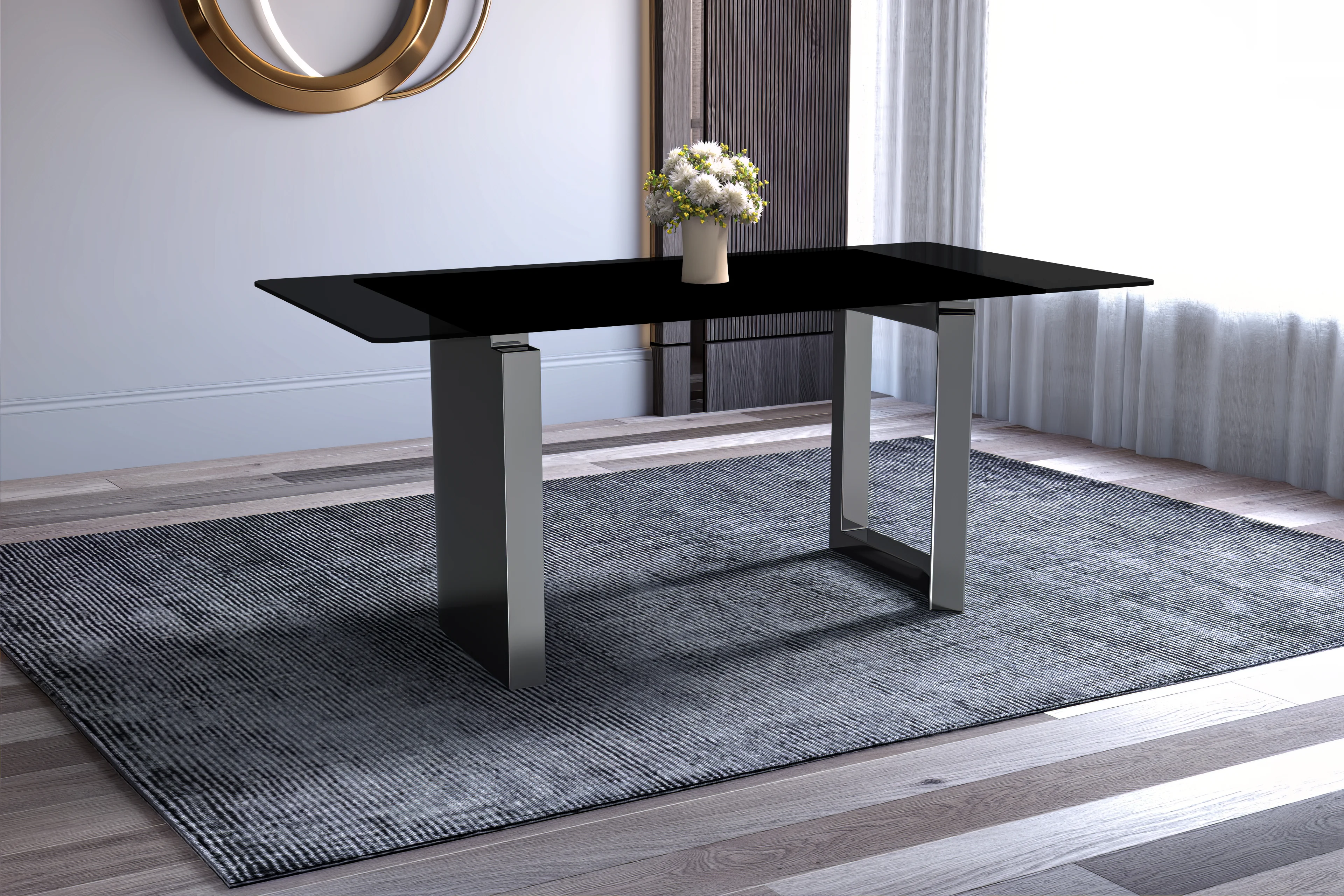 Astra Series Modern Dining Table Stainless Steel Base, With 71" Black Glass Top