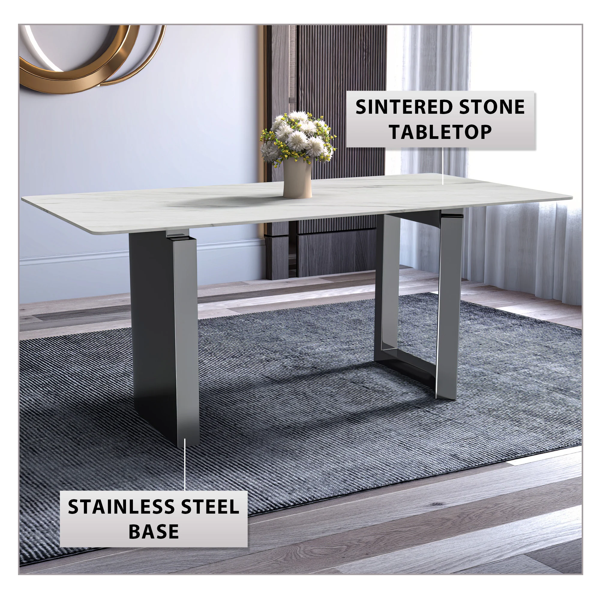 Astra Series Modern Dining Table Stainless Steel Base, With 71" White Sintered Stone Top