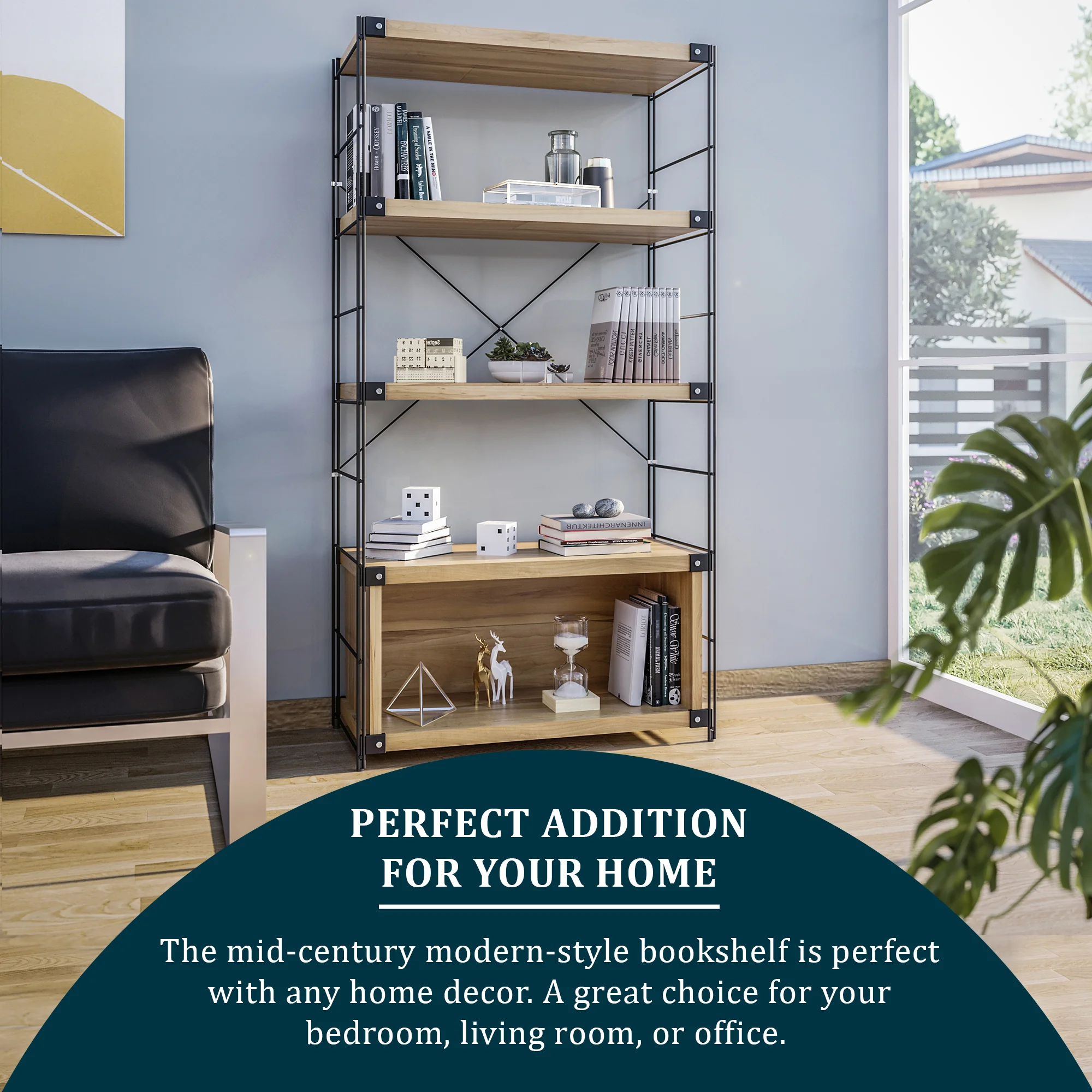 Brentwood Etagere Bookcase with Black Powder Coated Steel Frame and Melamine Board Shelves