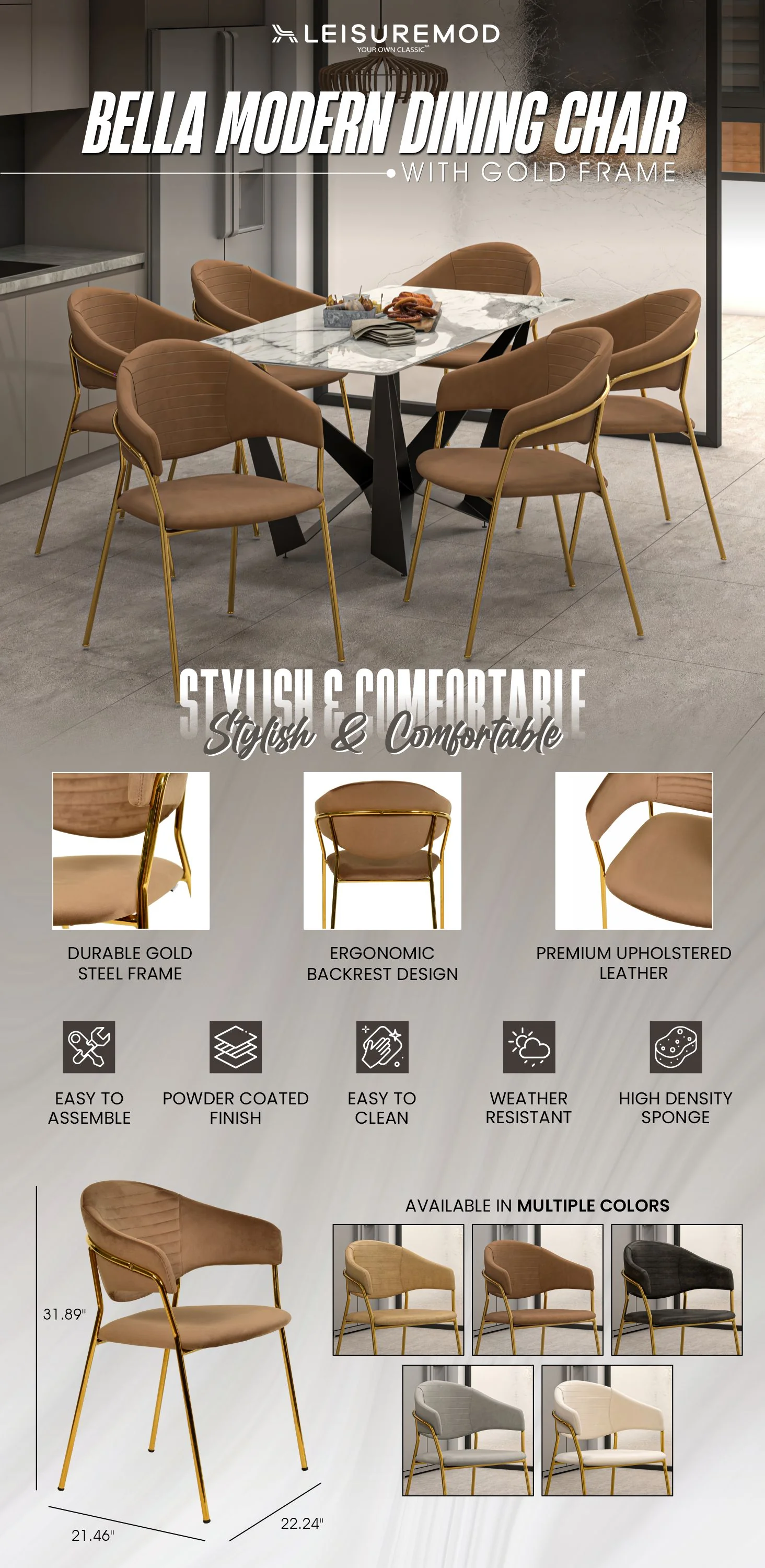 Bella Collection Modern Dining Chair in Brown Set of 2