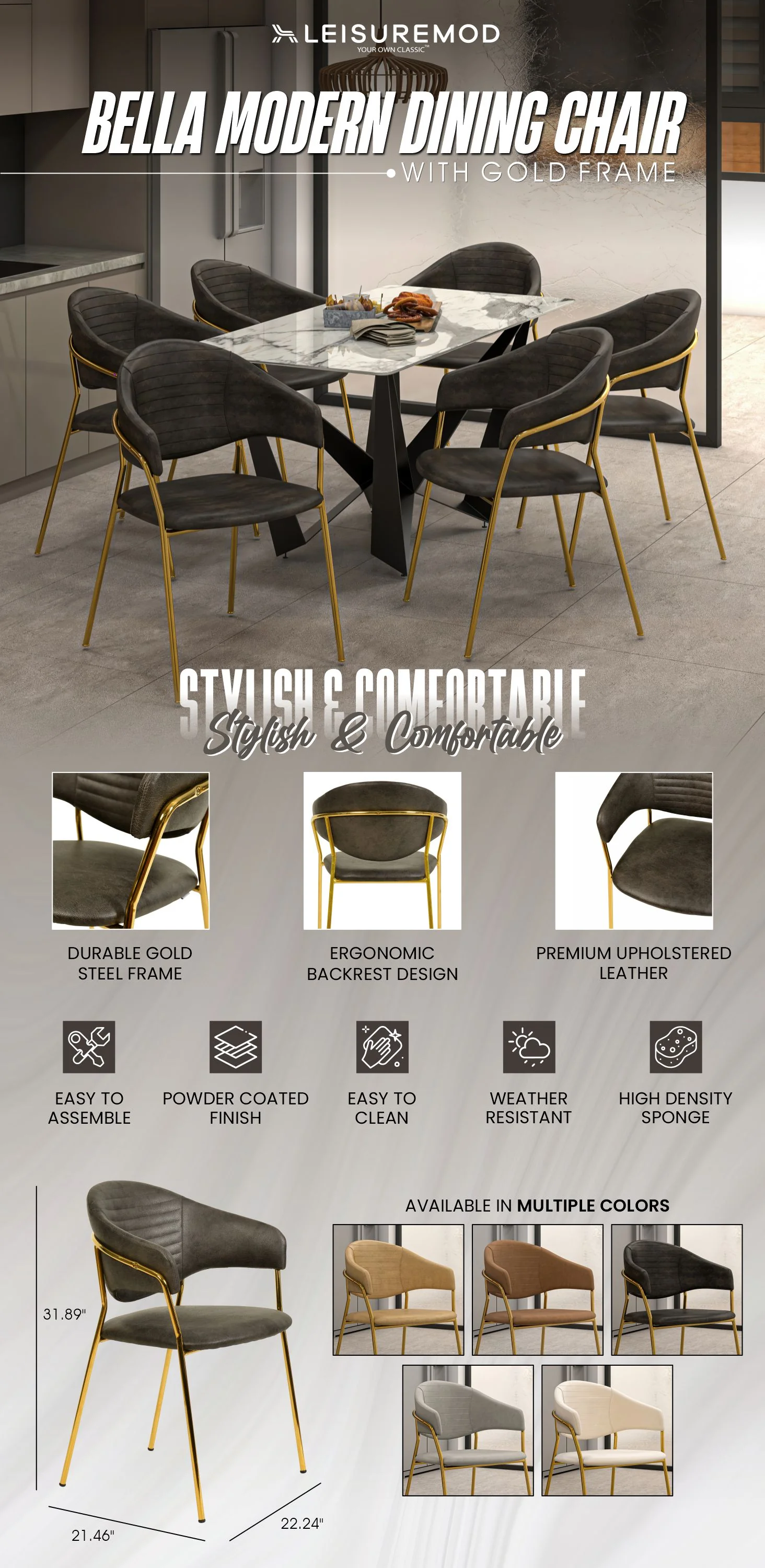 Bella Collection Modern Dining Chair in Charcoal Set of 2